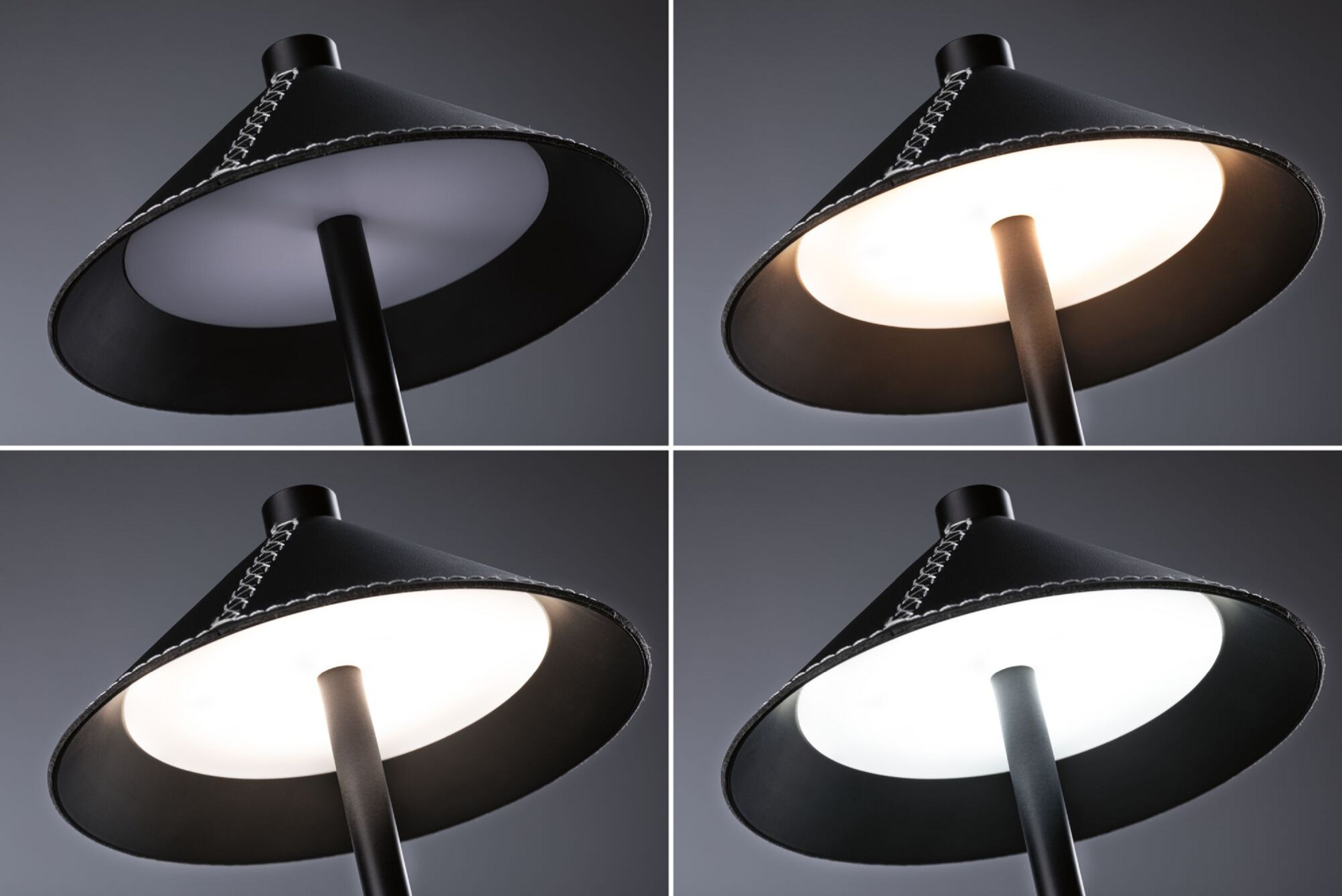 Cztery obrazy czarnej lampy z białą podświetlaną powierzchnią. Światło zmienia się z białego na żółte.