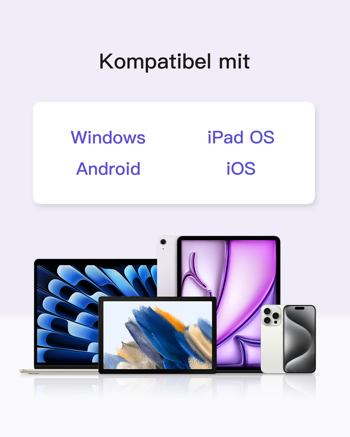 Geräte mit Text darüber: 'Kompatibel mit'. Windows, iPad OS, Android und iOS.