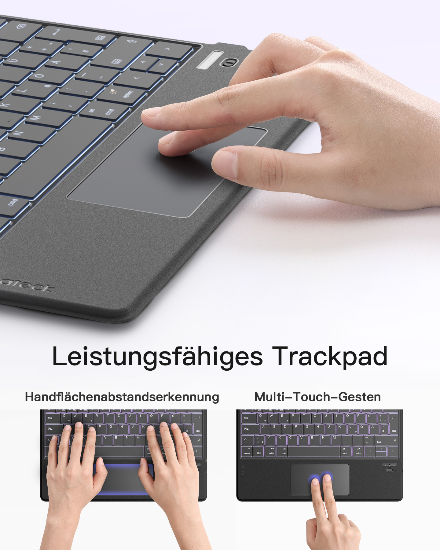Hand einer Person, die ein Touchpad auf einer Tastatur benutzt. Zwei Tastaturansichten mit Gesten.
