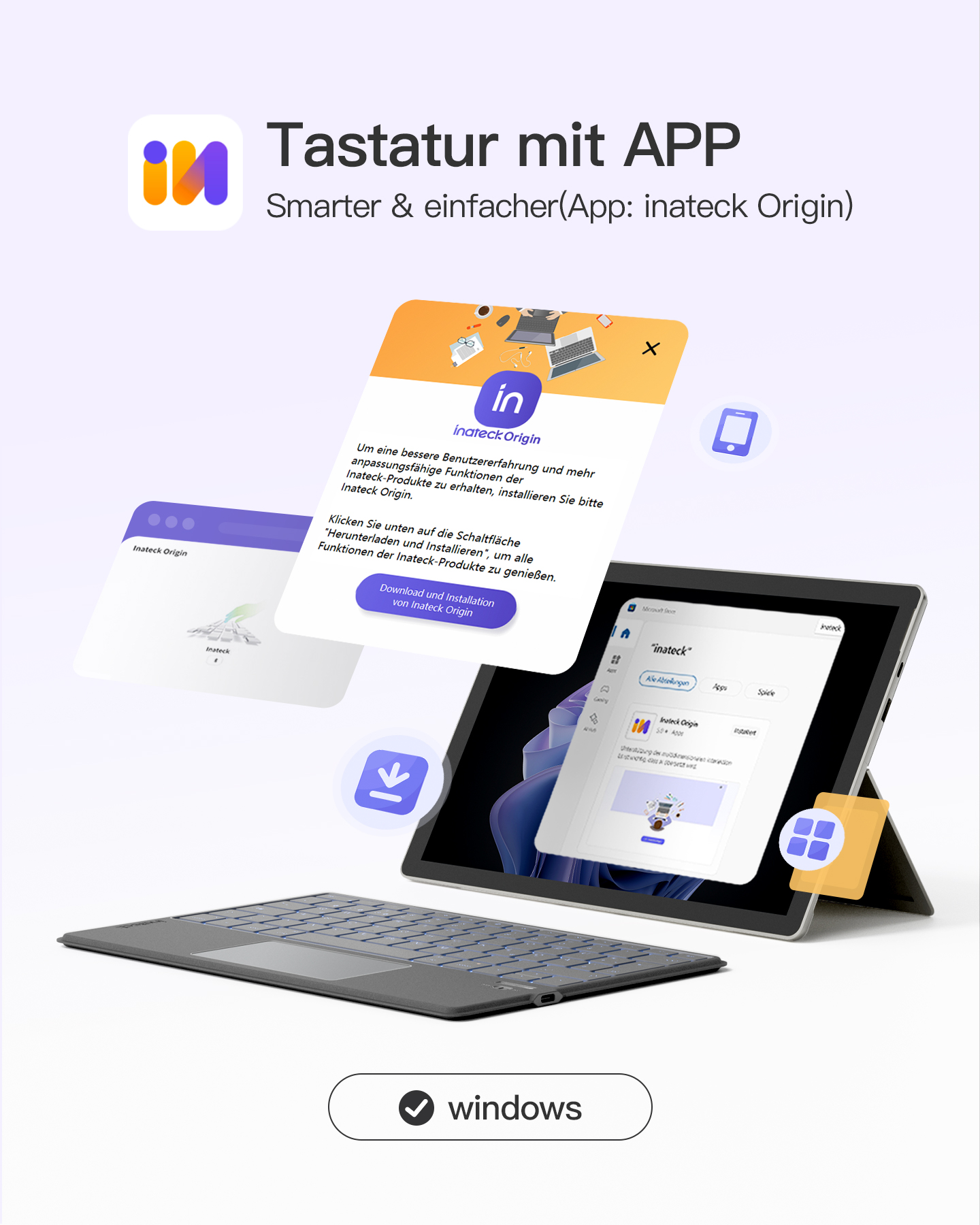 Tablet mit Tastatur, App-Oberfläche und Icons. Text: "Tastatur mit APP".