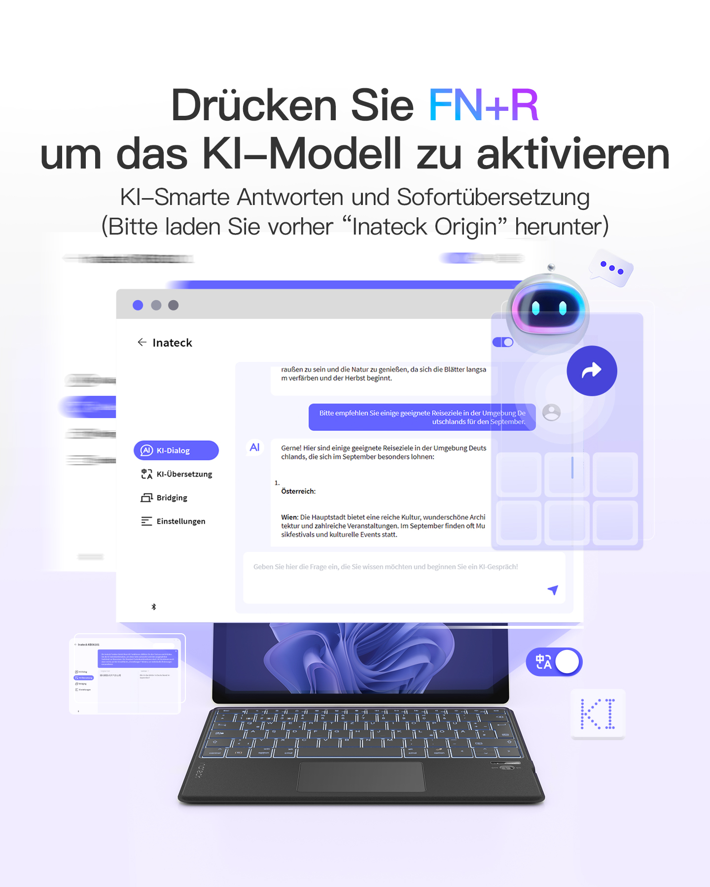 Ein Tablet mit Tastatur, ein Bildschirm mit einer Chat-Oberfläche und ein Roboter-Avatar.