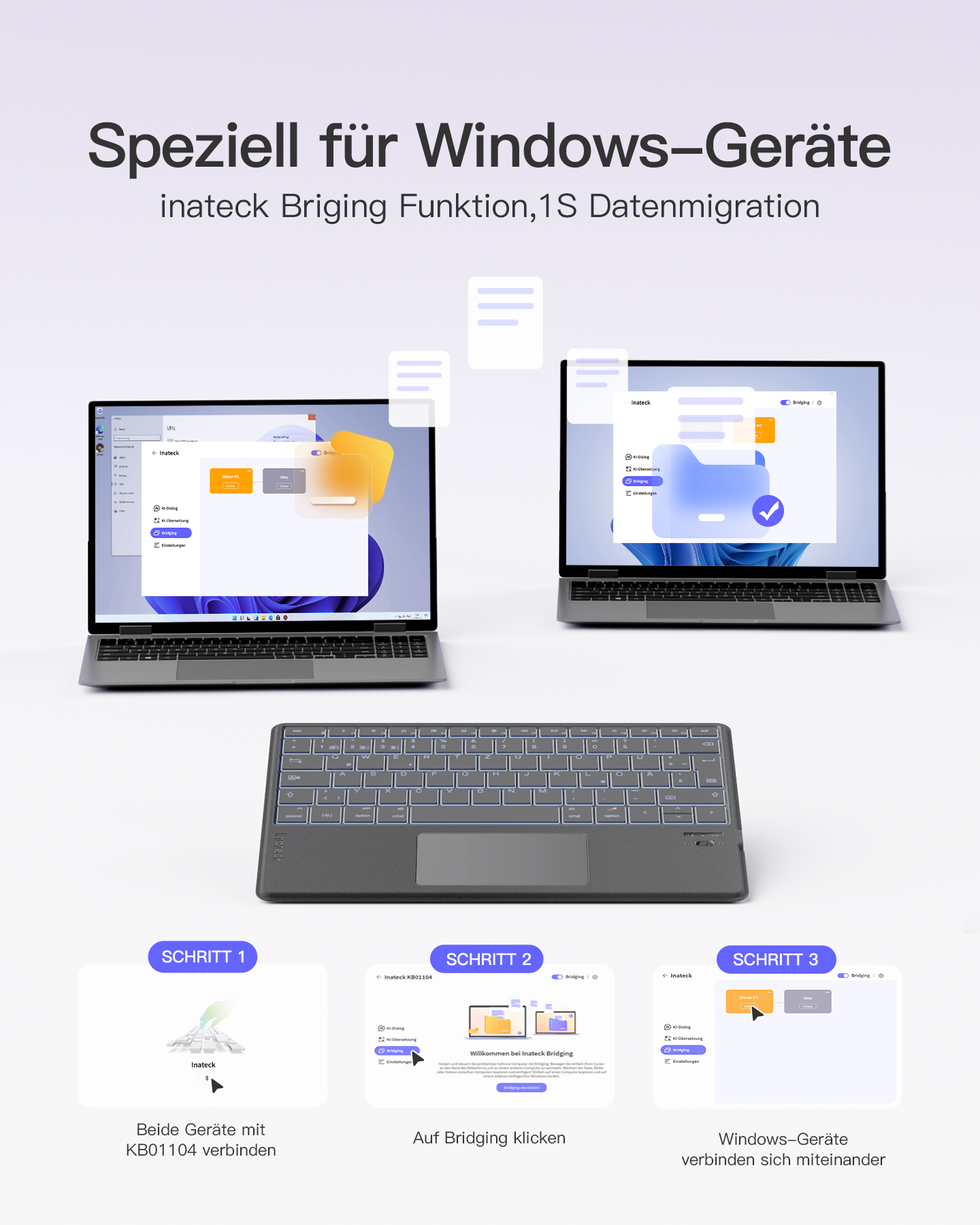 Zwei Laptops und eine Tastatur in einem Diagramm, das Datenmigration für Windows-Geräte bewirbt.