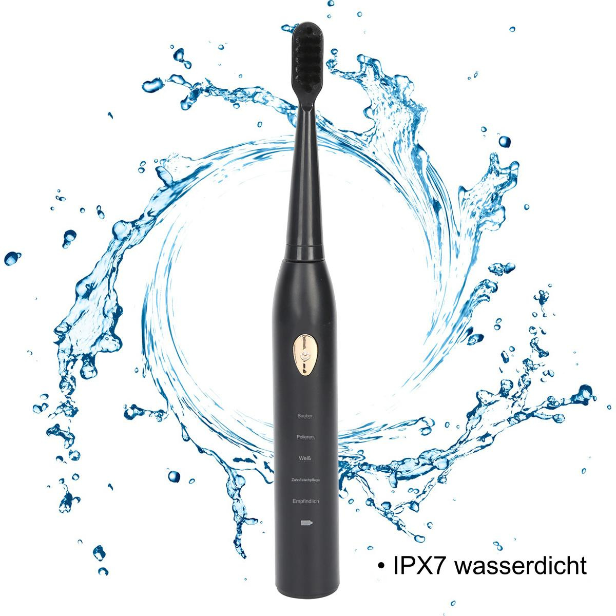 Schwarze elektrische Zahnbürste mit Wasserspritzerhintergrund. Text: IPX7 wasserdicht.