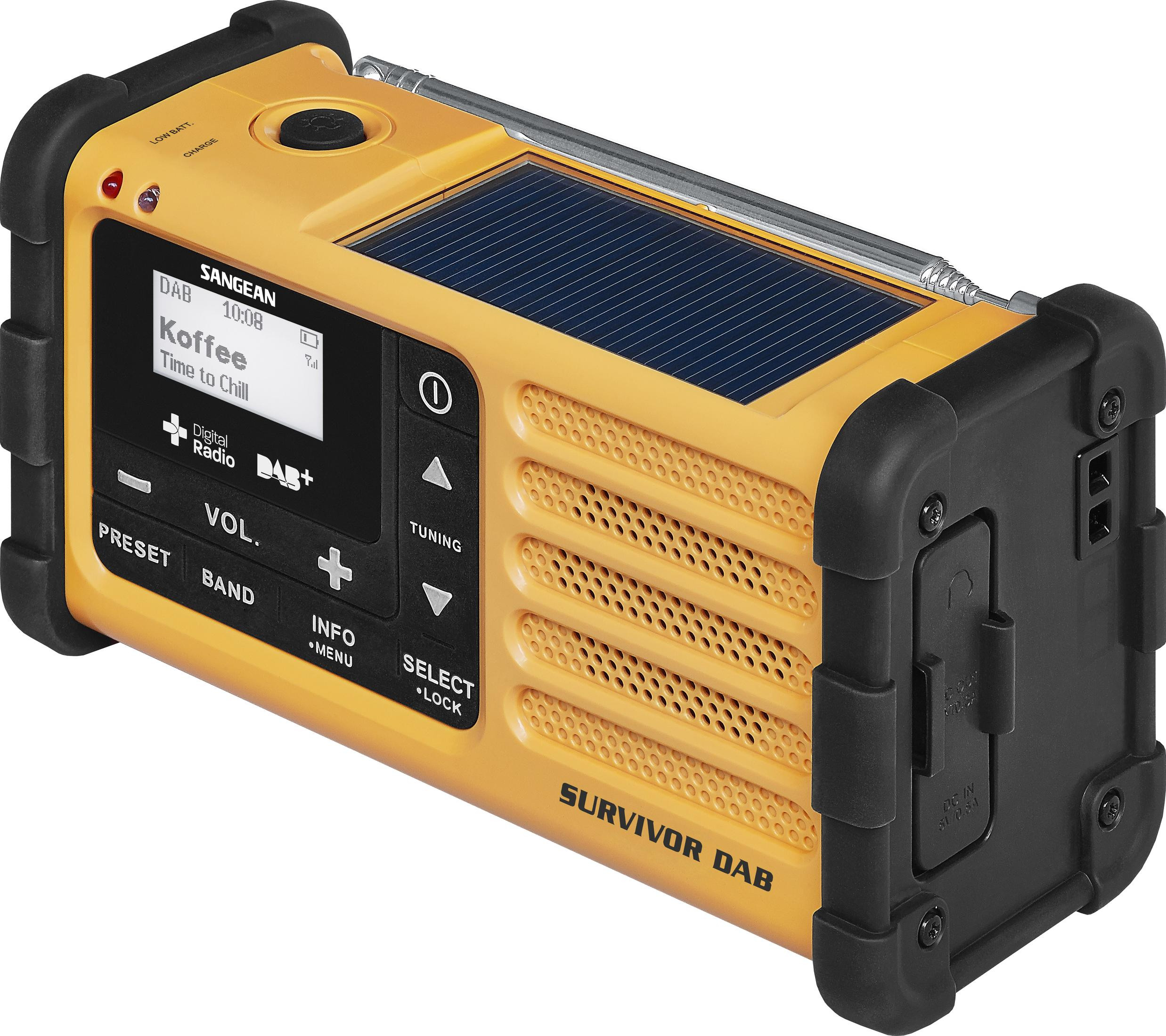 Żółte, wytrzymałe radio. Panel słoneczny na górze. Wyświetlacz cyfrowy. Przyciski. Etykieta Sangean.