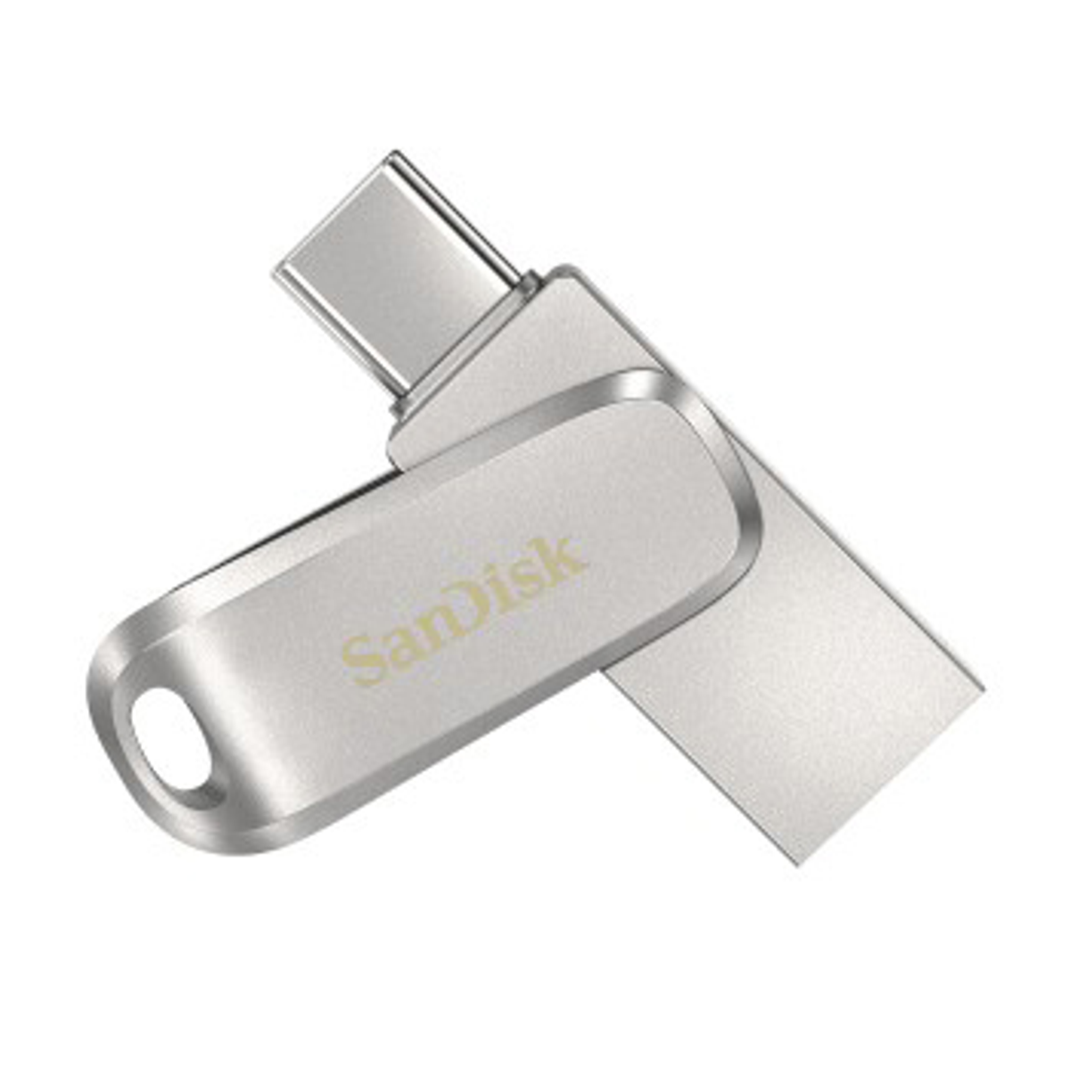 Srebrno-szary pendrive SanDisk. Logo SanDisk jest złote. Tło jest białe.