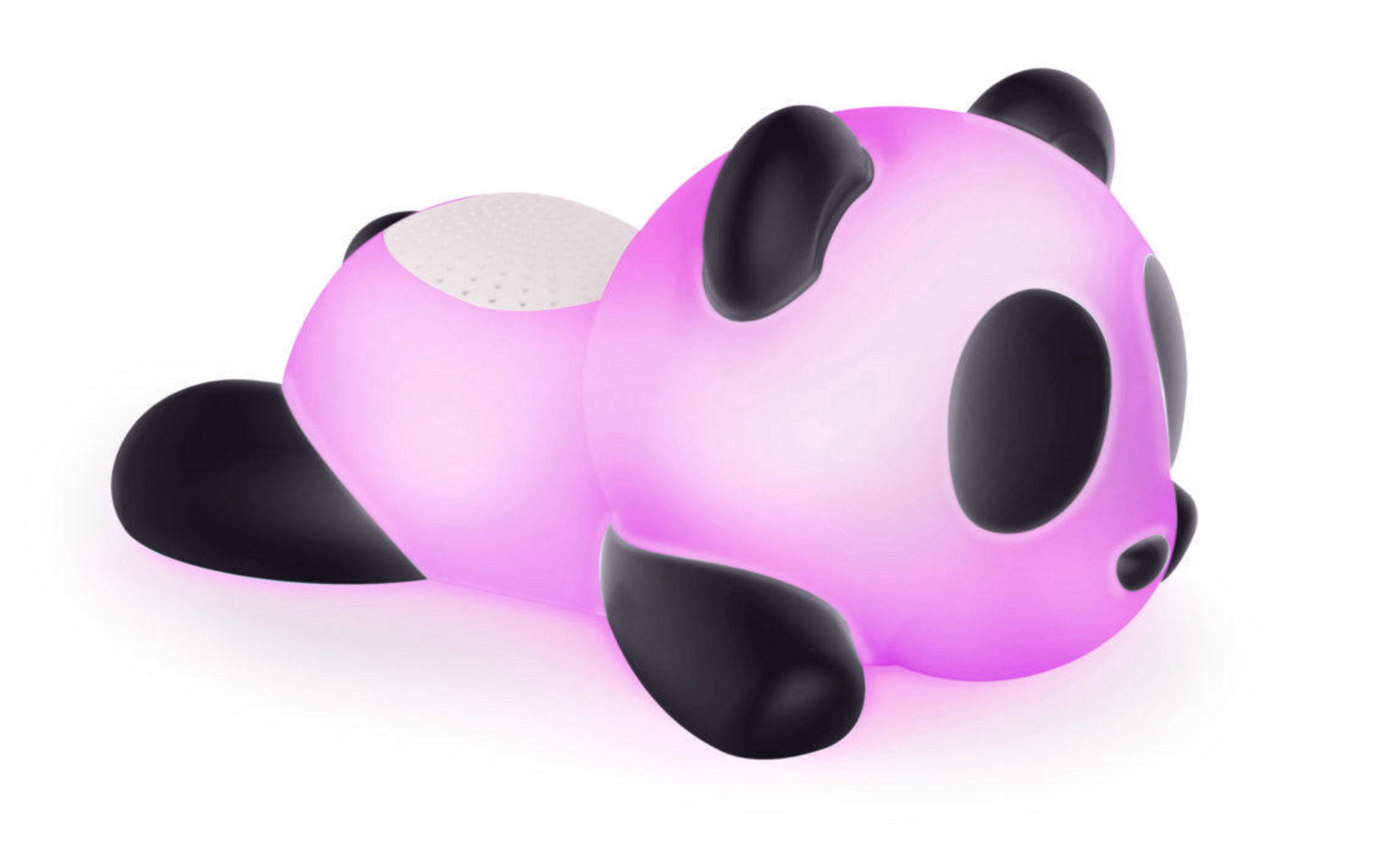 Ein pinkfarbenes Nachtlicht in Pandaform. Es liegt, mit schwarzen Ohren und Augen.