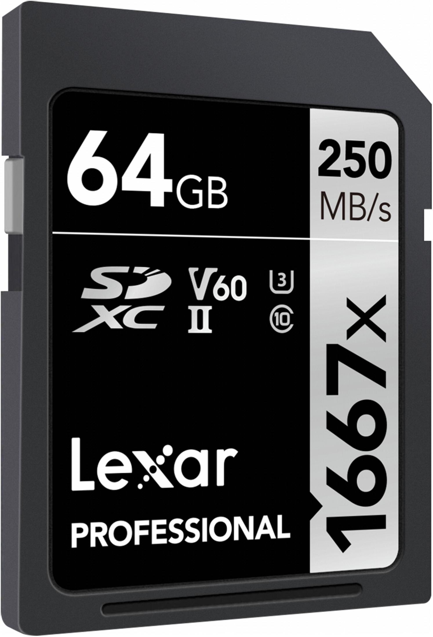 Schwarze SD-Karte mit weißem Text: 64 GB, 250 MB/s, SDXC II und Lexar Professional. 1667X an der Seite.