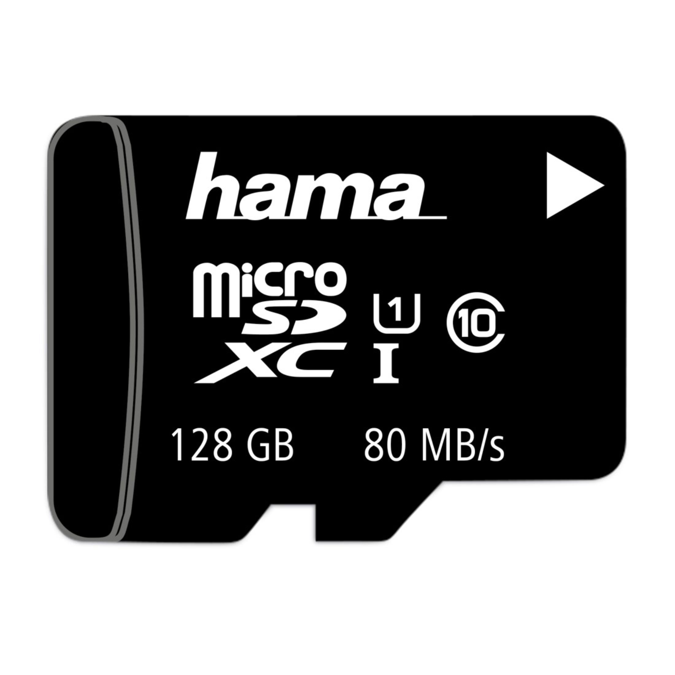 Schwarze Hama Micro SDXC-Karte mit weißem Text. Oben rechts befindet sich ein kleines Dreieck.