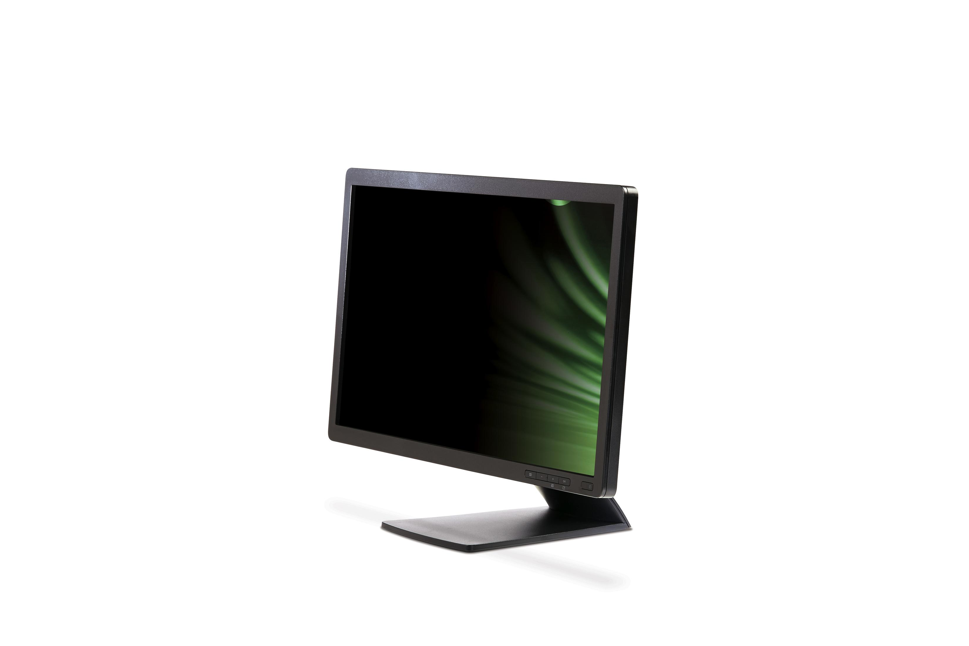 Schwarzer Computermonitor auf einem Ständer vor weißem Hintergrund.