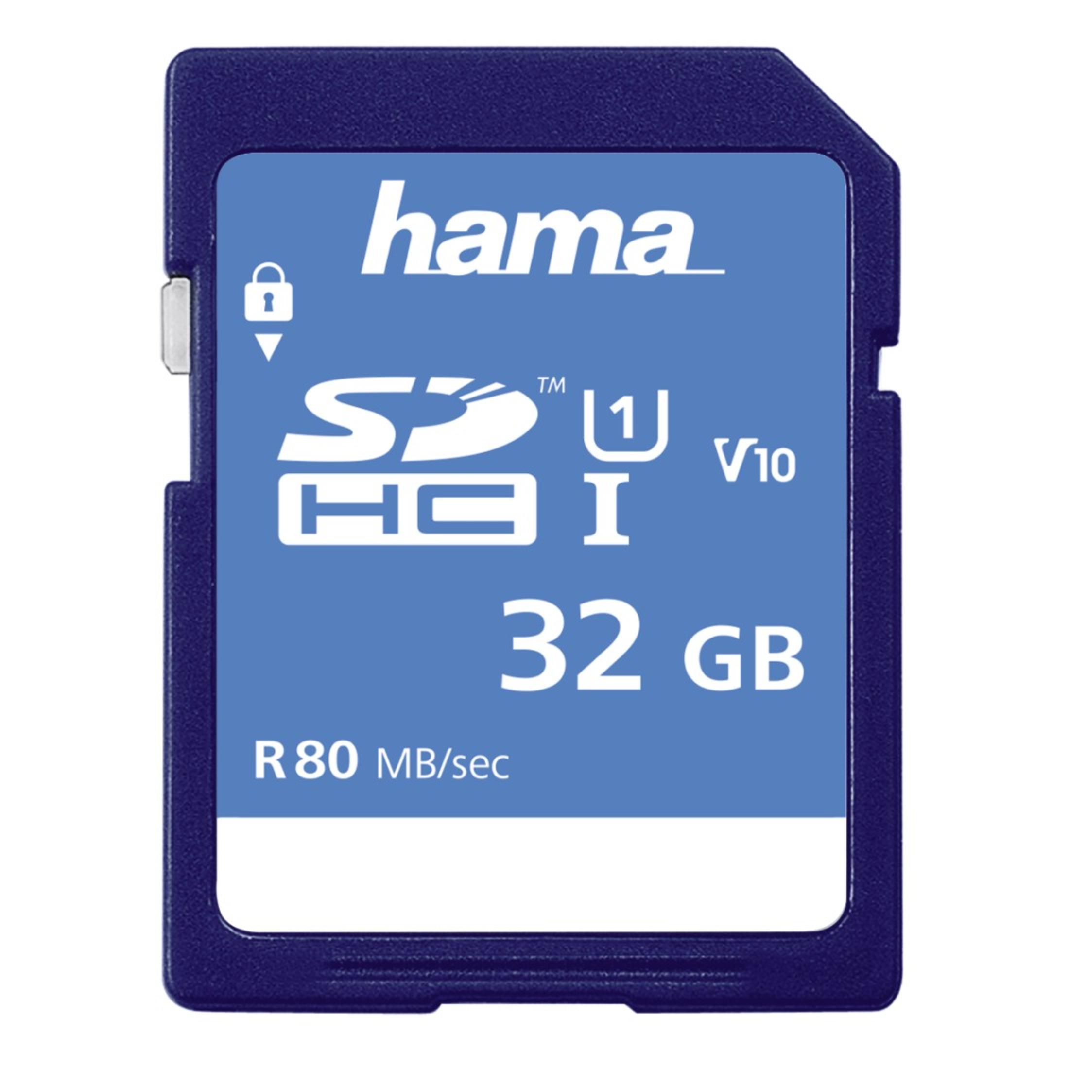 Blaue SD-Karte mit weißem Text. Sie hat das 'hama'-Logo, SDHC, 32 GB und R 80 MB/s-Markierungen.