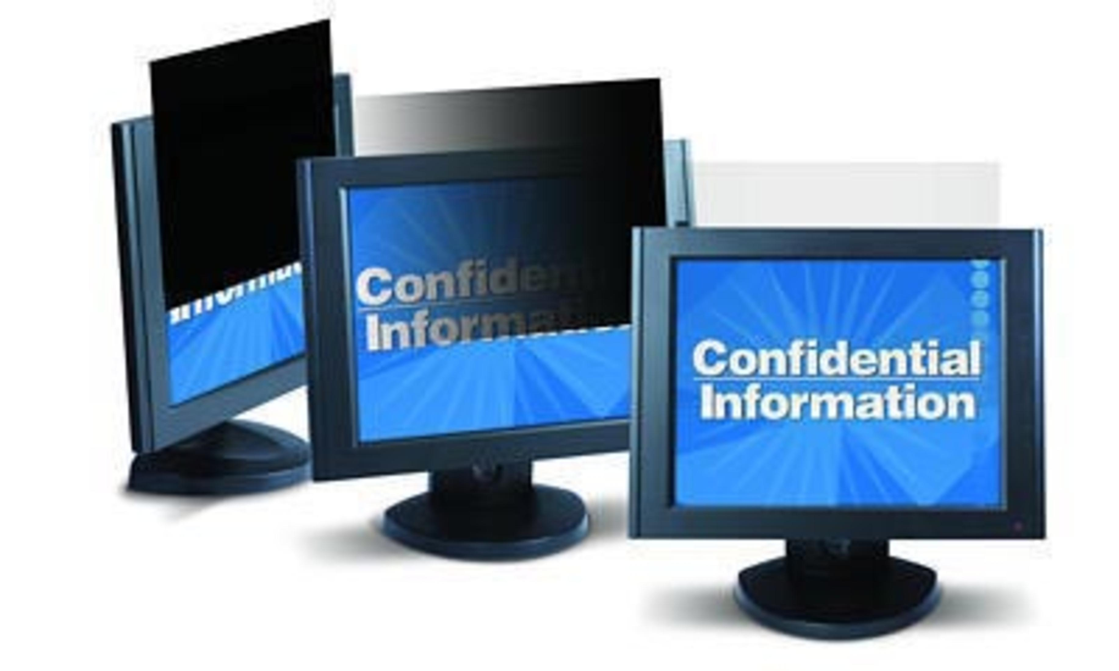 Drei Computermonitore zeigen 'Vertrauliche Informationen'. Sie sind schwarz und blau.