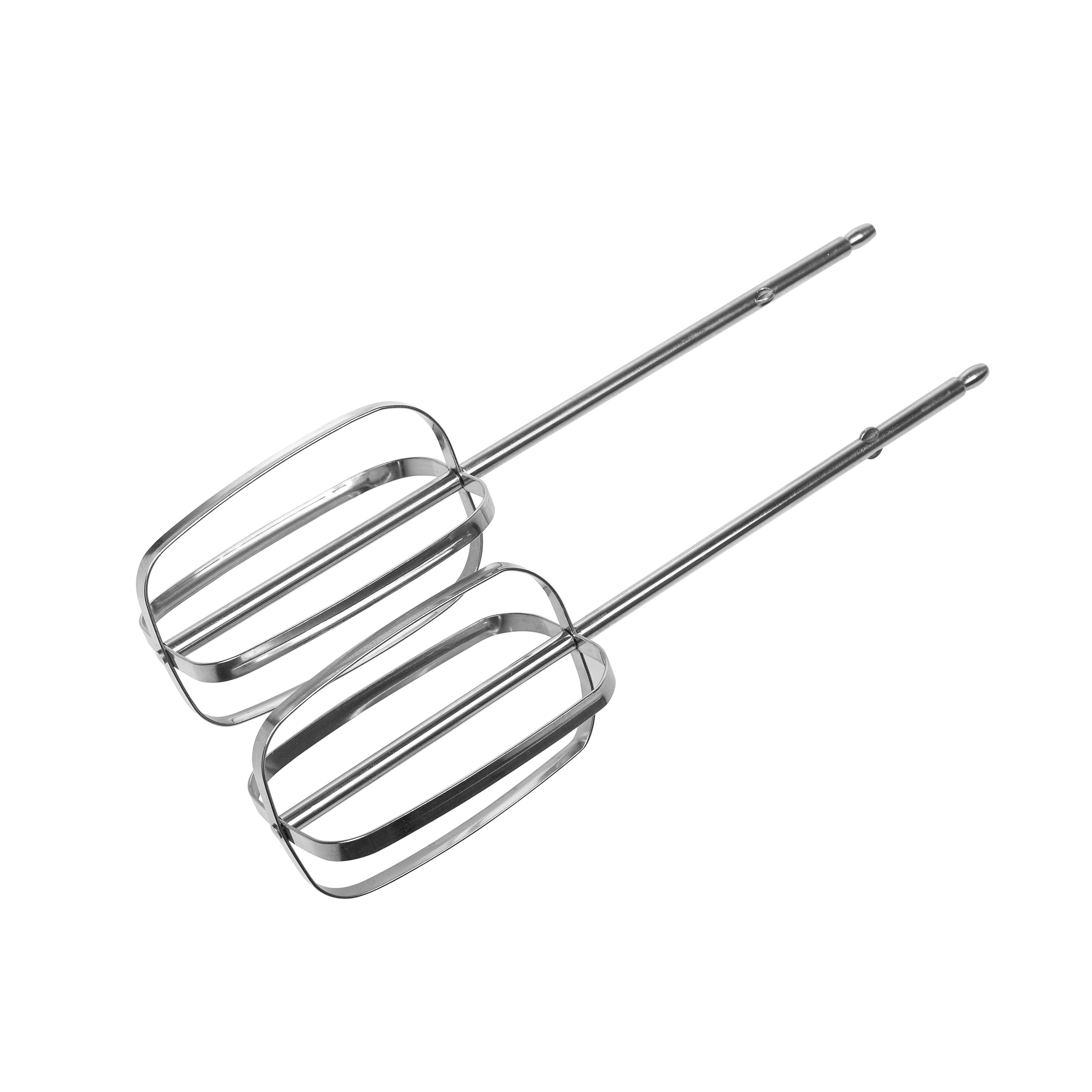 Zwei Edelstahl-Mixer-Aufsätze. Sie sind abgewinkelt, vor weißem Hintergrund.