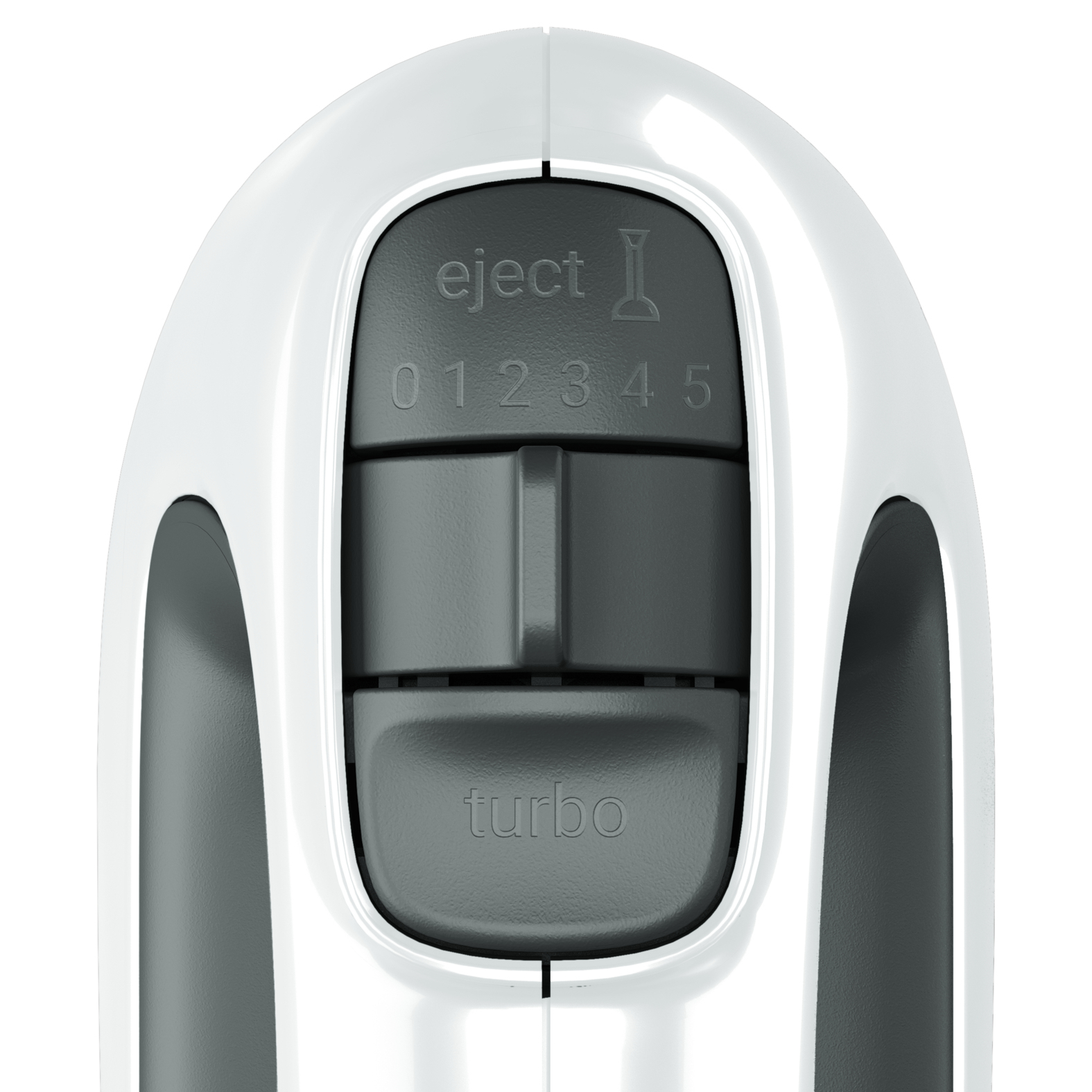 A close-up of a white hand mixer with buttons for eject, speed settings and turbo.