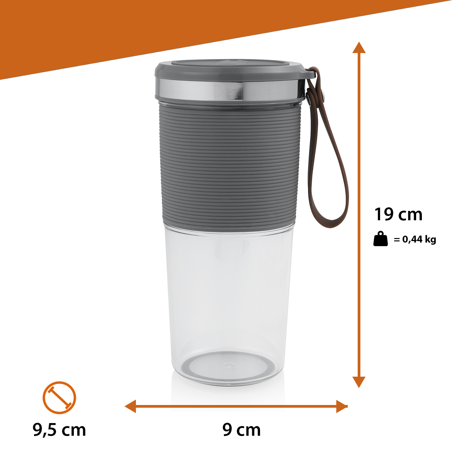 Przezroczysty kubek z szarą opaską i pokrywką, brązowym paskiem oraz wymiarami wysokości i średnicy.