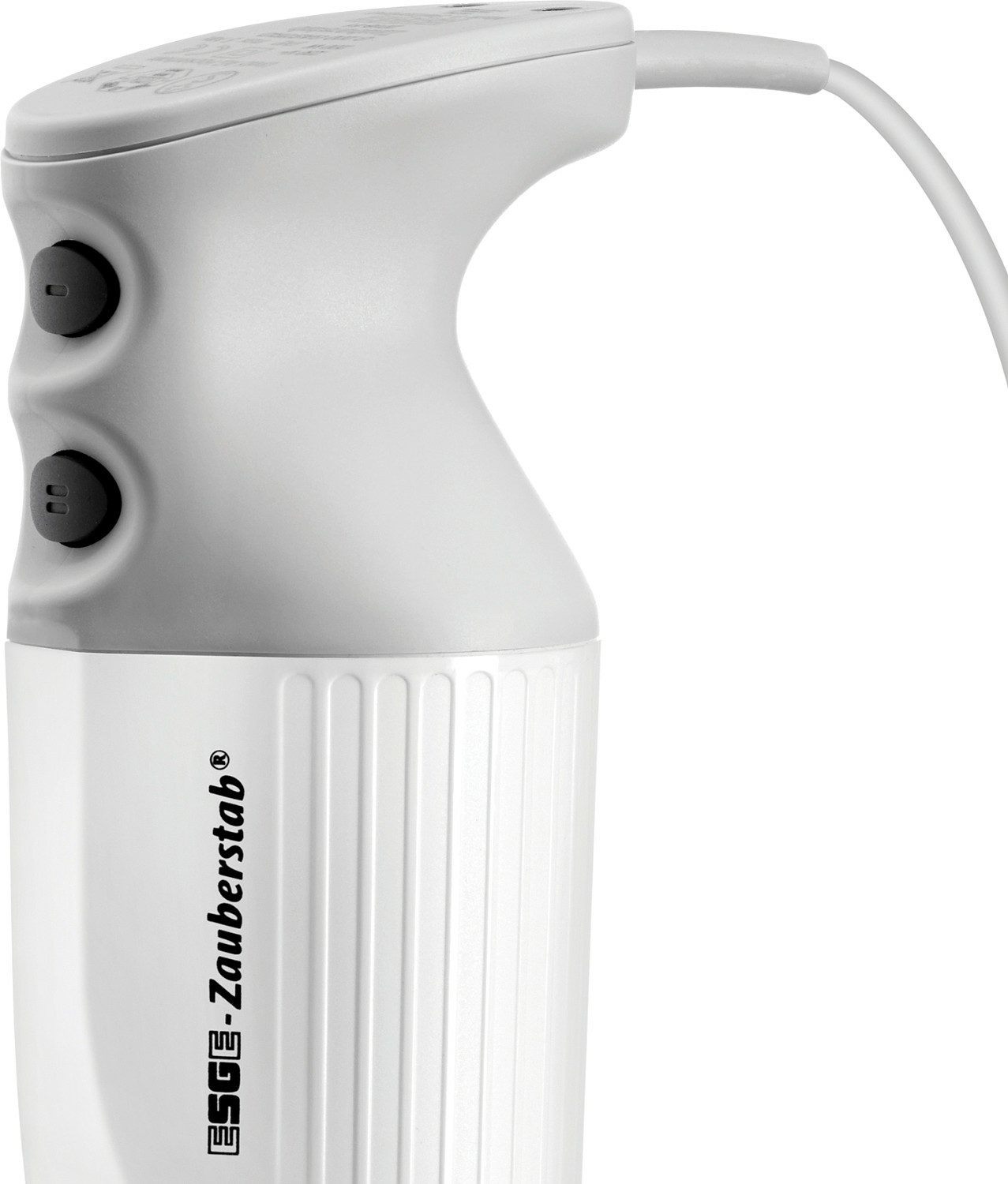 Biały i szary blender ręczny z przyciskami. Białe tło, zbliżenie.