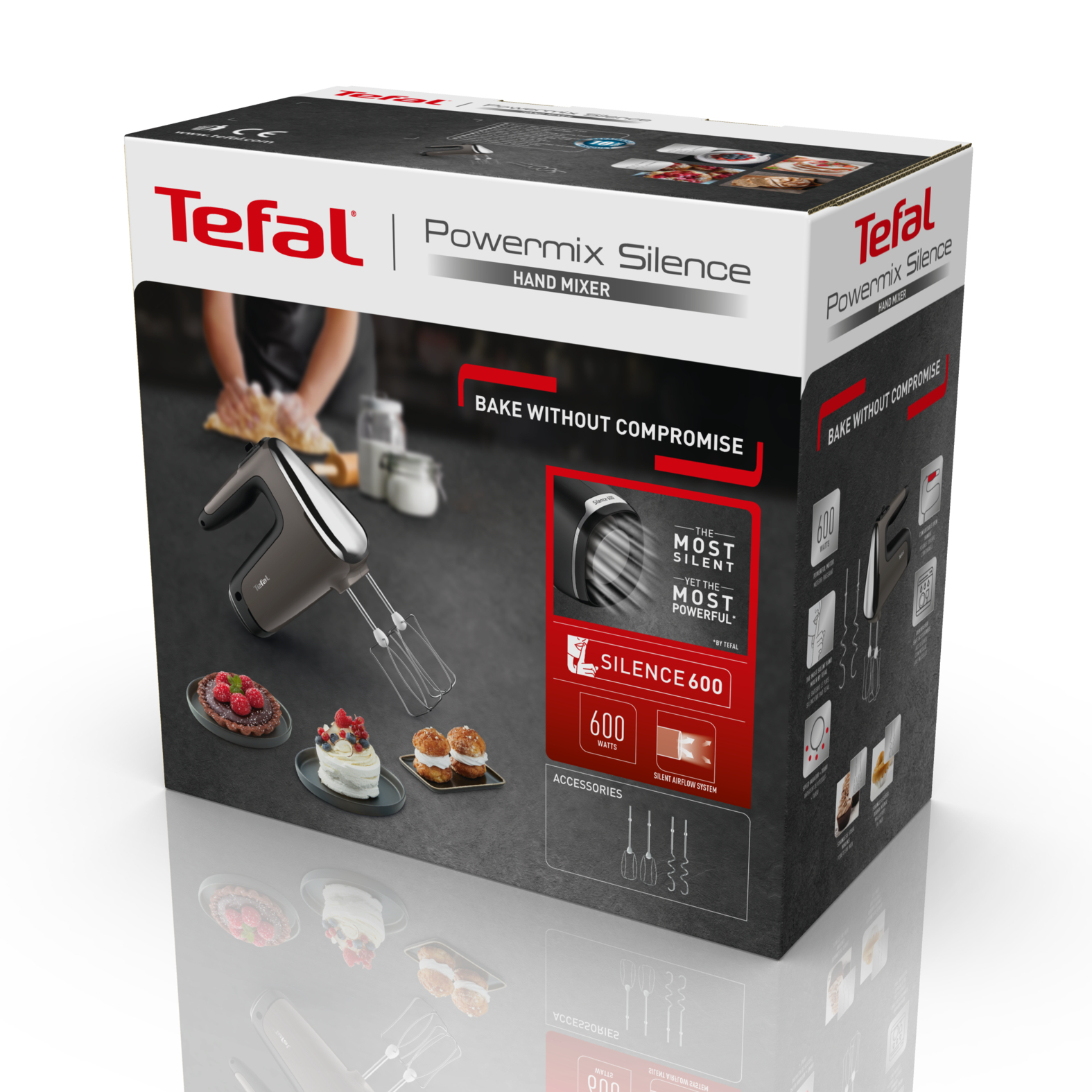 Pudełko do miksera ręcznego Tefal Powermix Silence, pokazujące mikser, ciasta i cechy produktu.