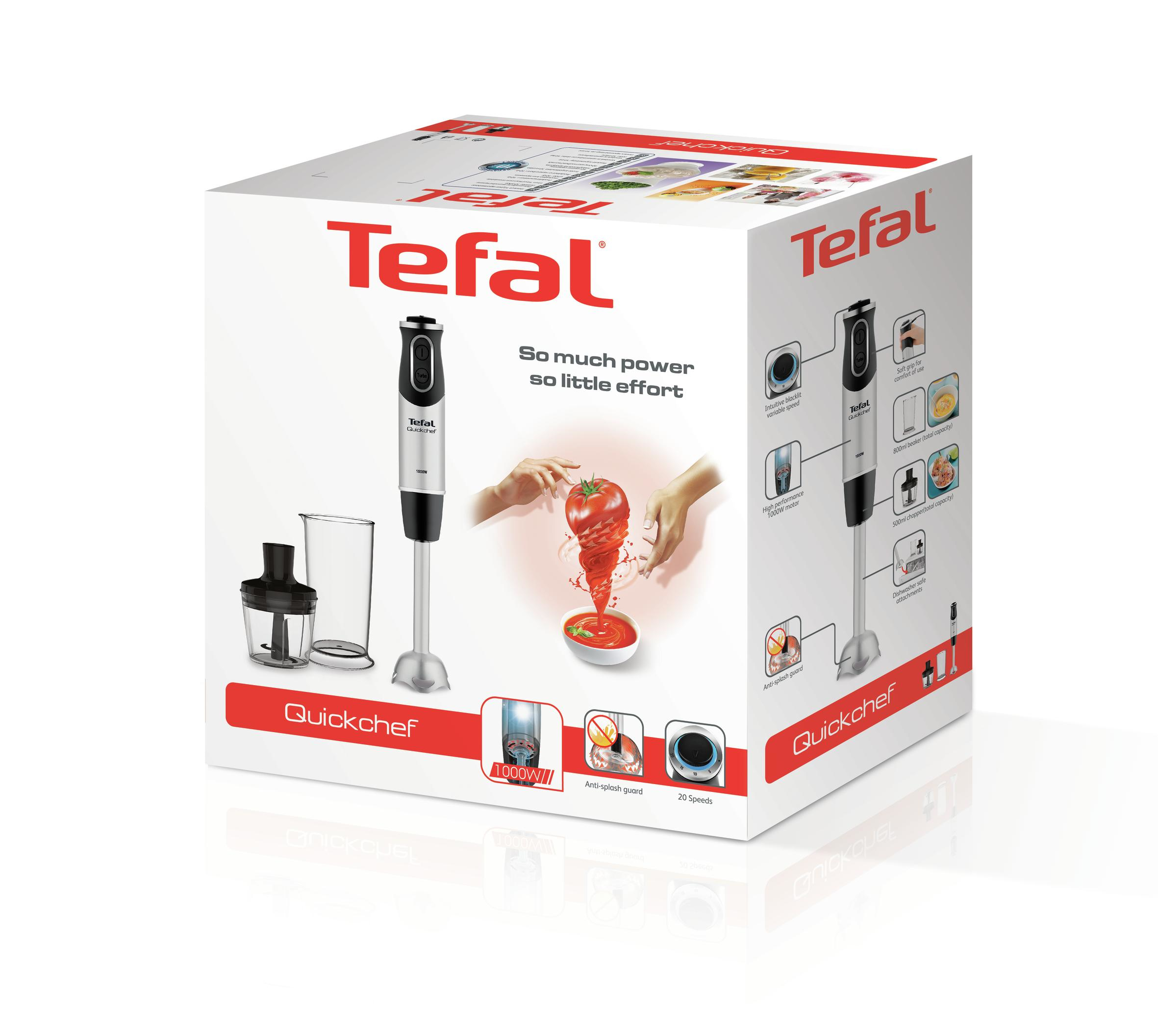 Caja Tefal Quickchef. Se muestra una batidora con una mano agregando salsa de tomate.
