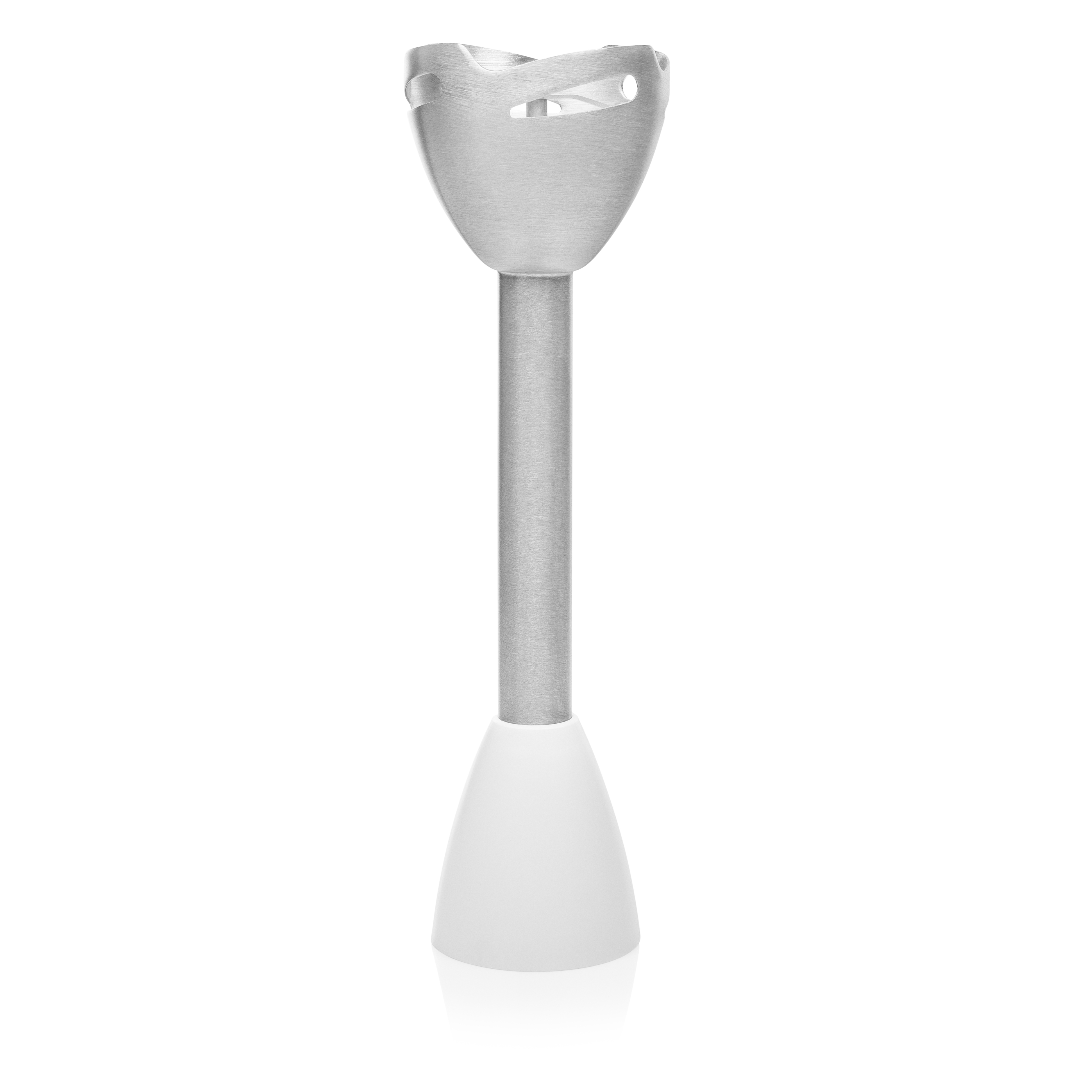 Srebrny i biały przystawka do blendera, na białym tle.