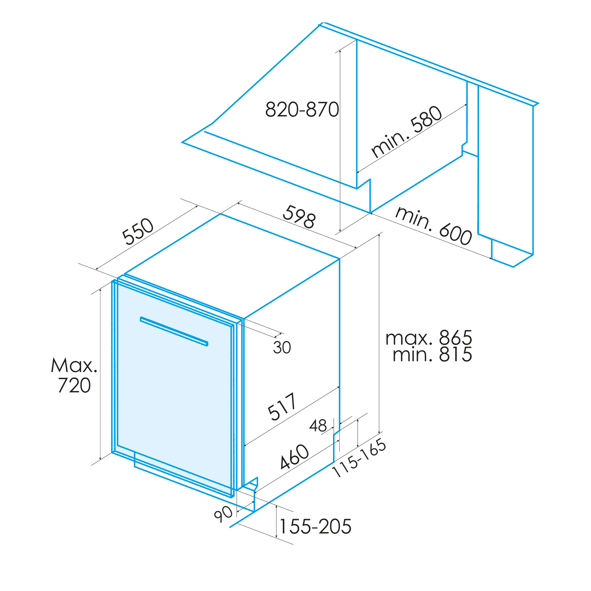 Diagrama con dimensiones de un electrodoméstico empotrado, mostrando medidas de altura, ancho y profundidad.