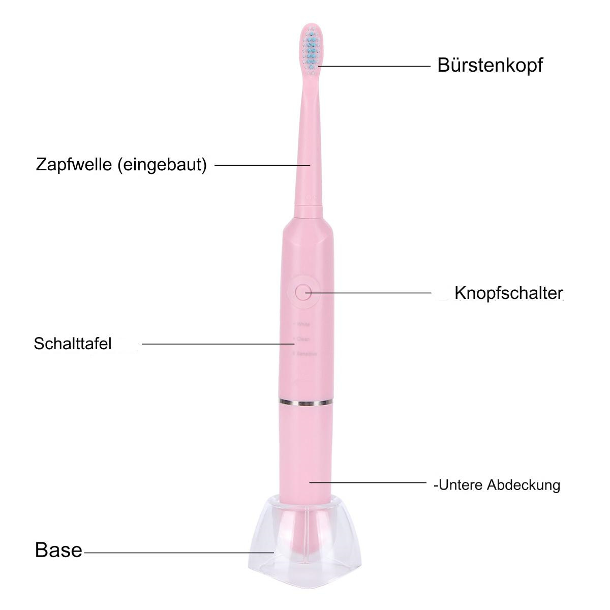 Eine rosa elektrische Zahnbürste mit Ständer. Beschriftete Teile sind Bürstenkopf, Schalter und Basis.