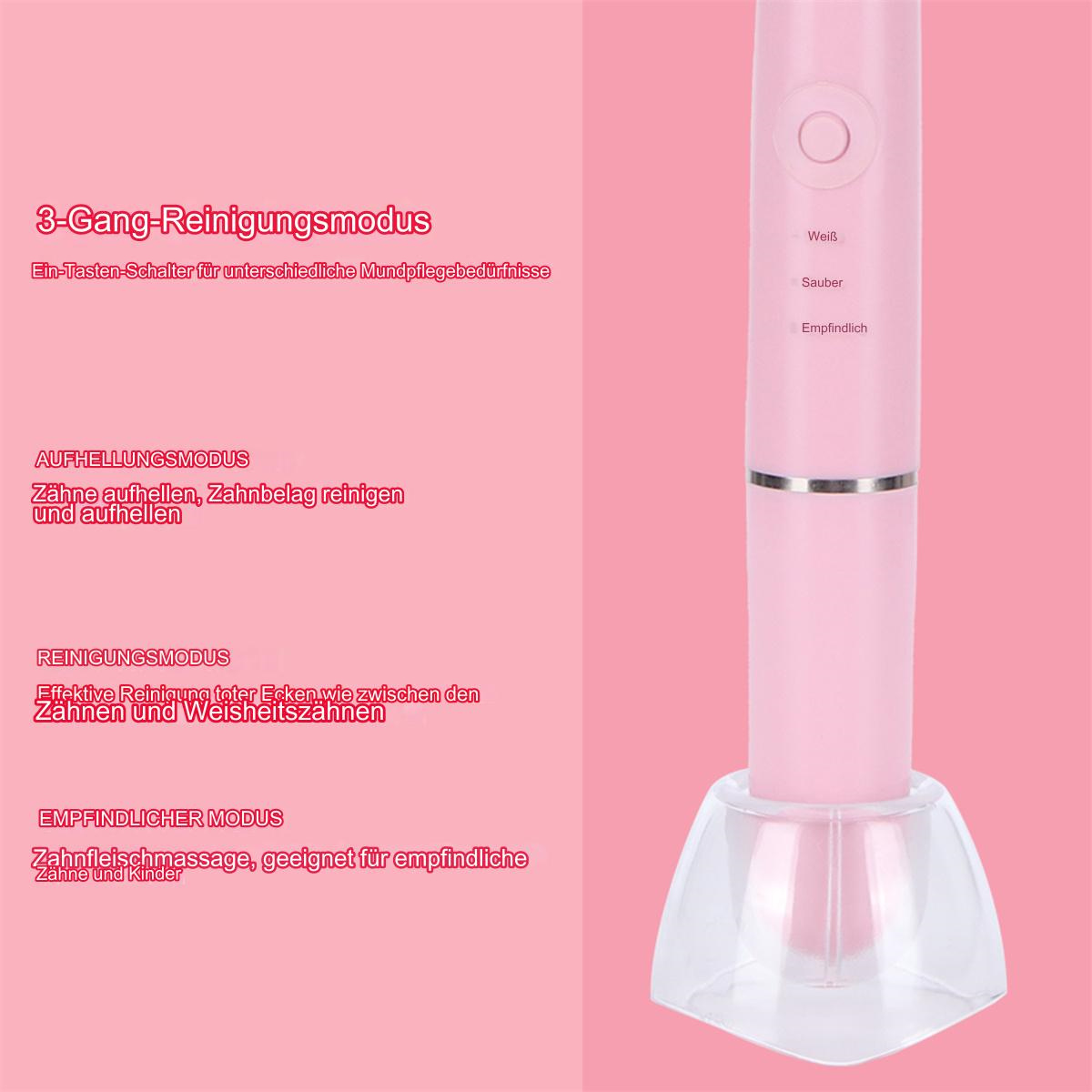 Pinke elektrische Zahnbürste auf Ständer, mit beschreibendem Text.