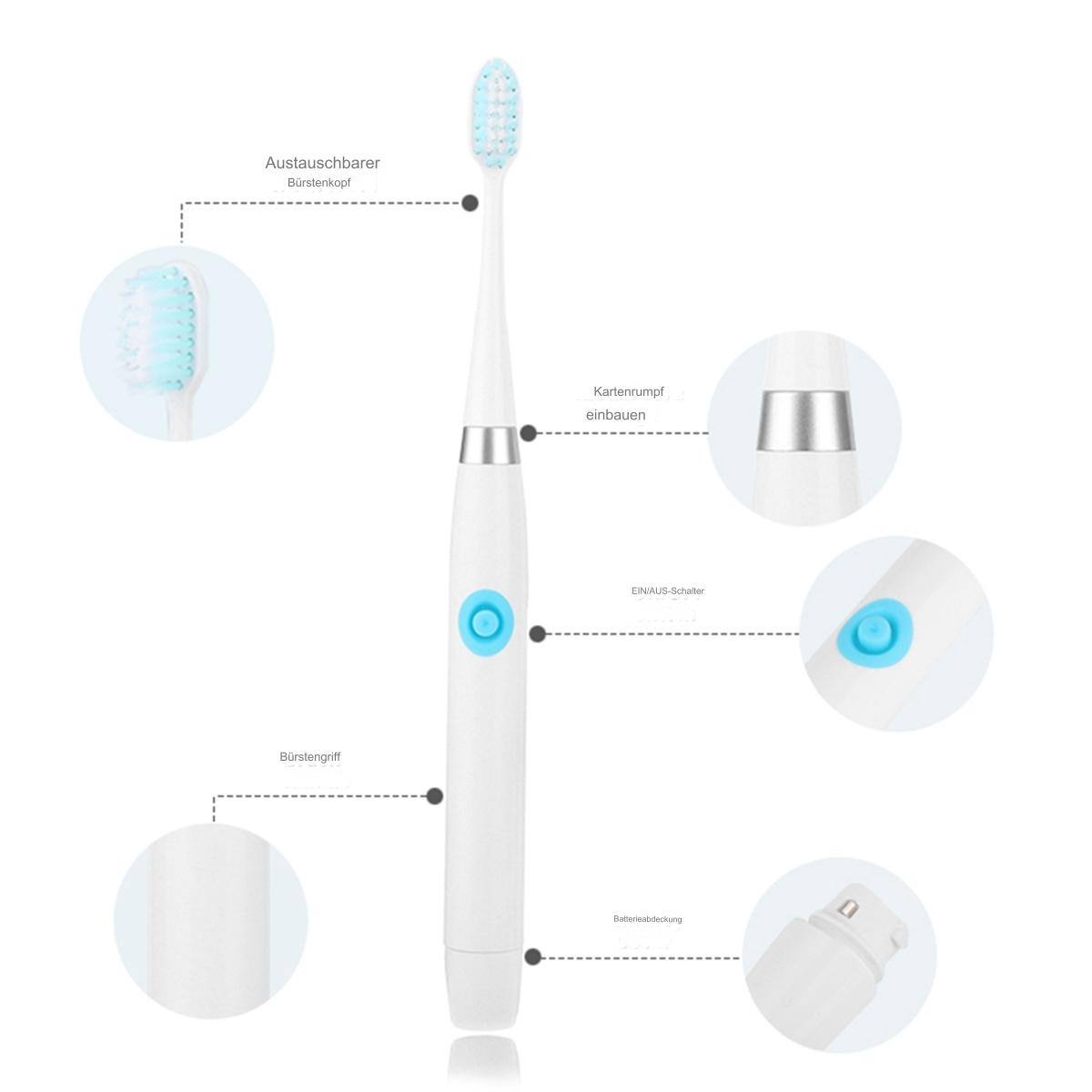 Weiße elektrische Zahnbürste mit detaillierten Diagrammen, die Teile und Funktionen hervorheben.