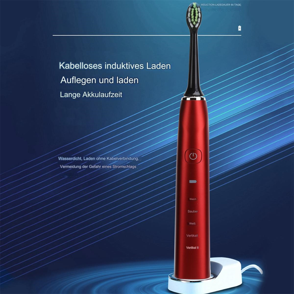 Rote elektrische Zahnbürste auf weißer Basis. Text zeigt kabelloses Laden und Funktionen.