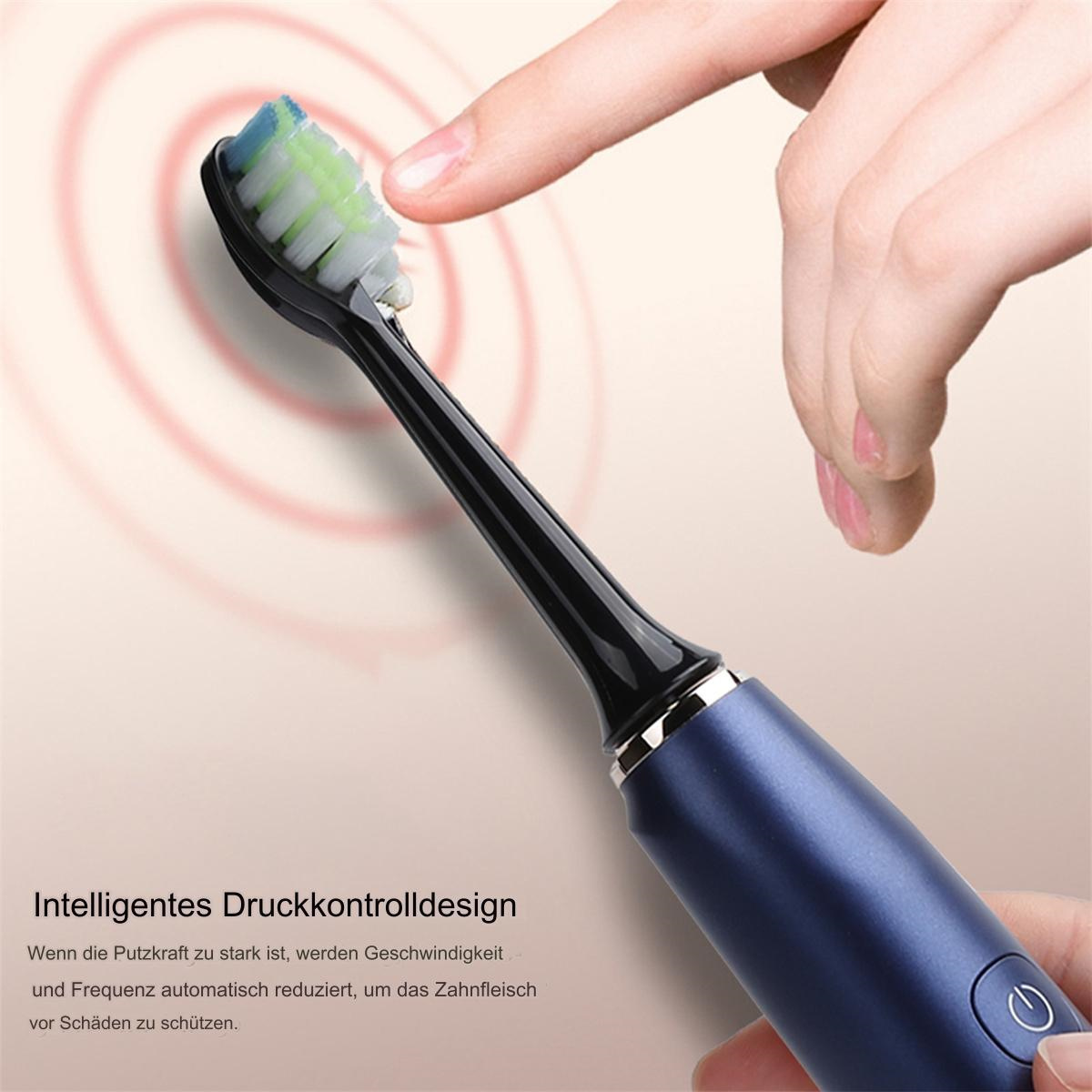 Elektrische Zahnbürste mit blauem Griff, Finger zeigt auf Borsten. Text auf Deutsch.