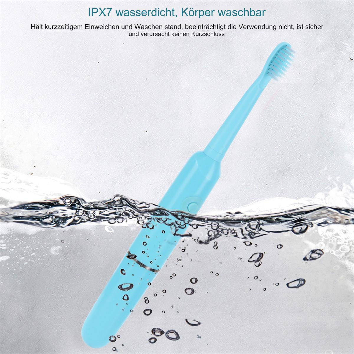 Blaue elektrische Zahnbürste in Wasser mit Blasen. Wassertropfen um die Zahnbürste herum. Text oben.