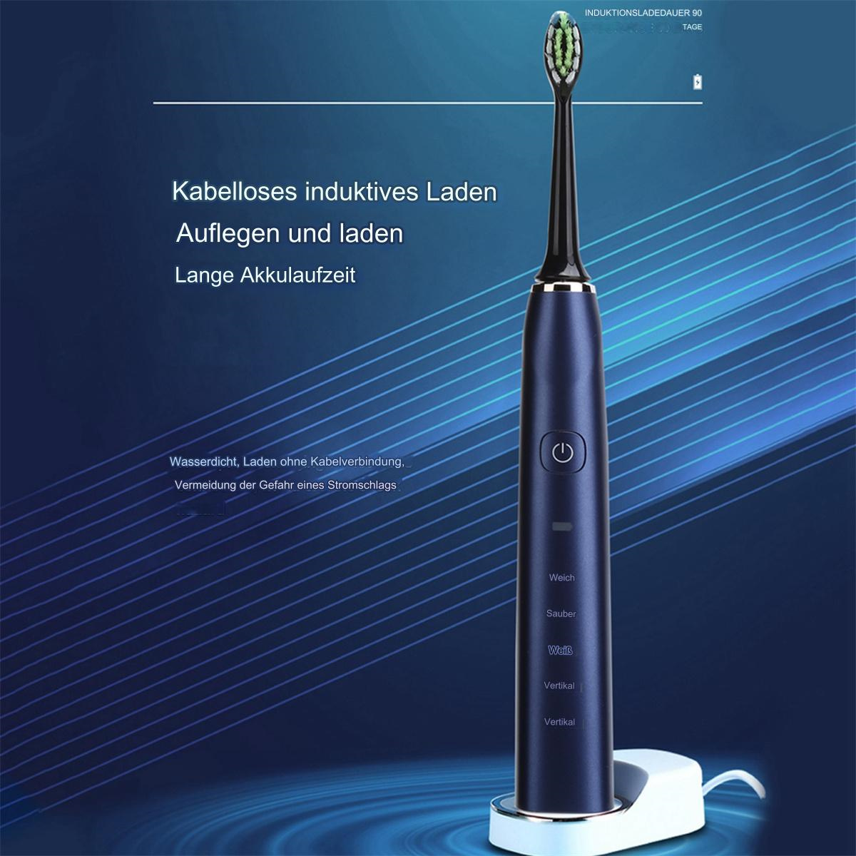 Elektrische Zahnbürste, dunkelblaue Farbe, mit Ladestation und Text über kabelloses Laden und lange Akkulaufzeit.