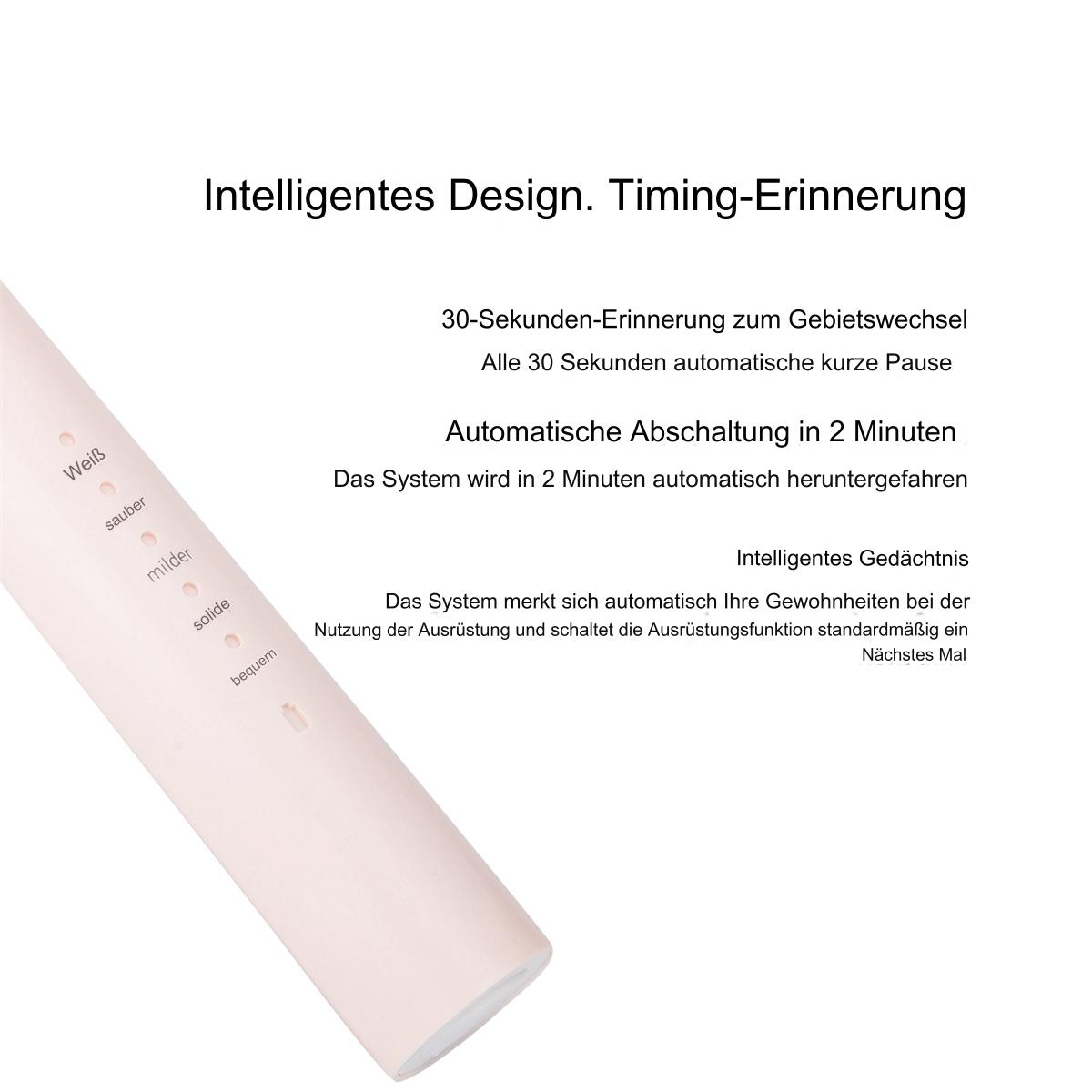 Elektrische Zahnbürste mit Text über Timing, Pausen und automatische Abschaltung in 2 Minuten.