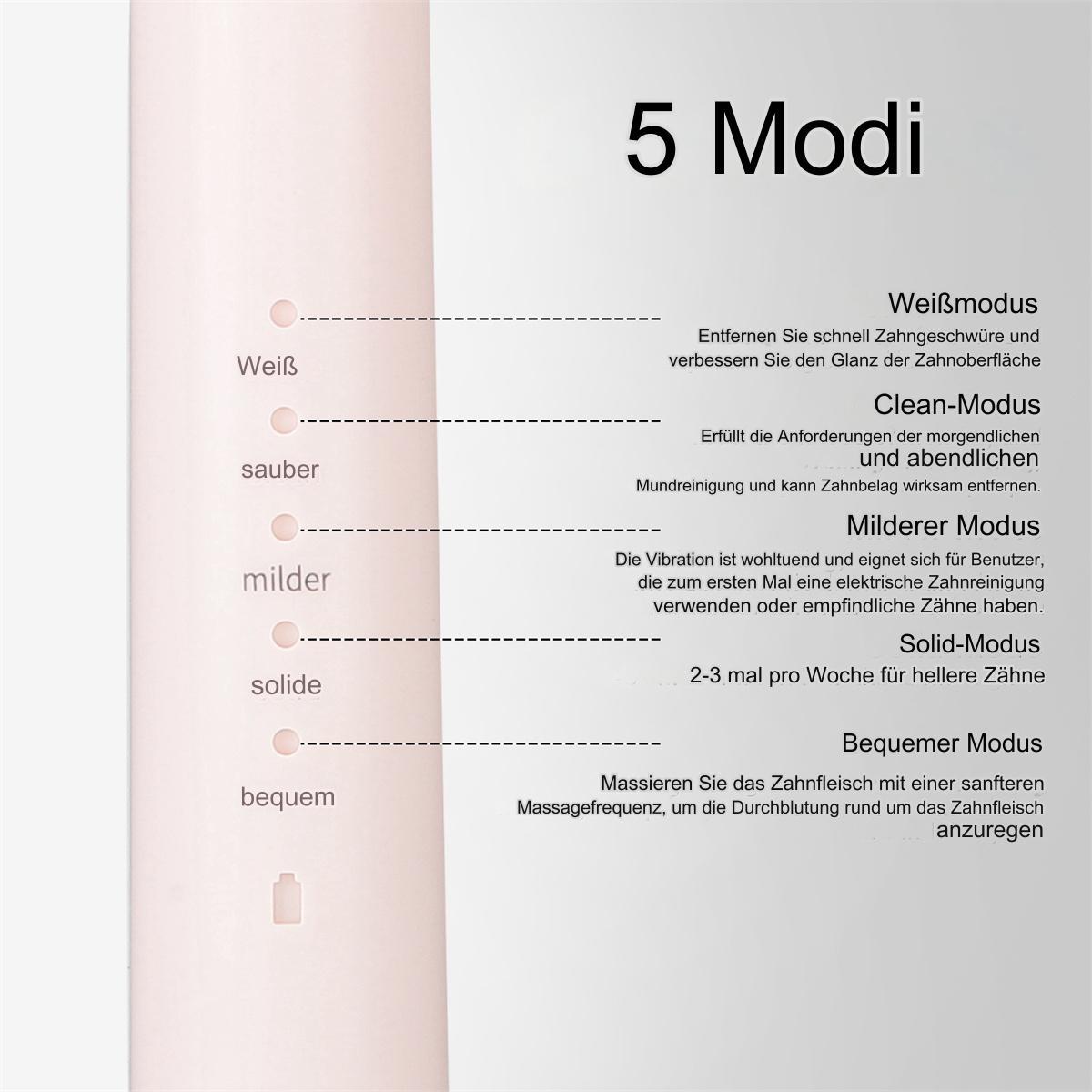 Text zur Beschreibung der Zahnbürstenmodi: weiß, sauber, mild, solide, bequem.
