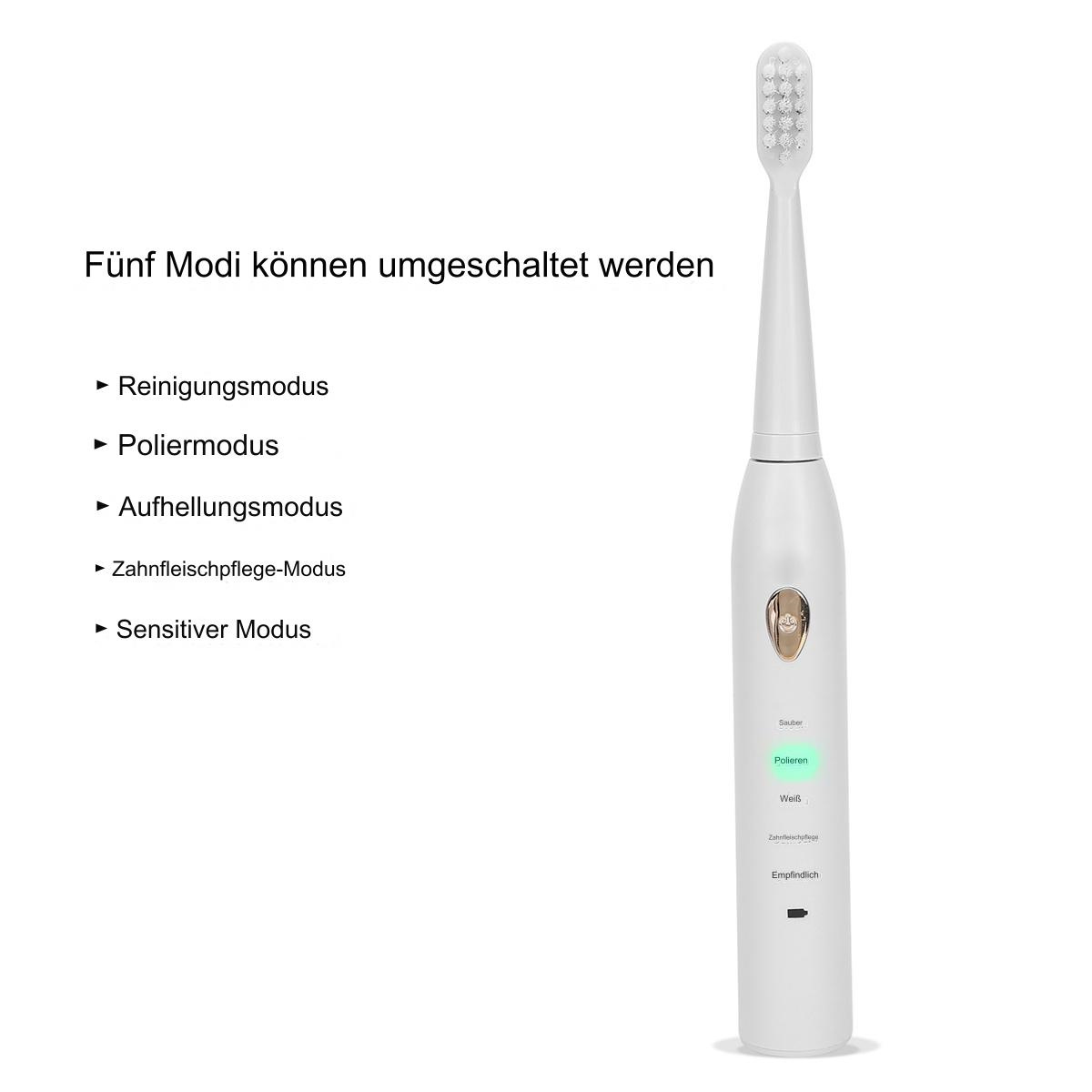 Weiße elektrische Zahnbürste mit deutschem Text. Es hat ein grünes Licht für den Polier-Modus.