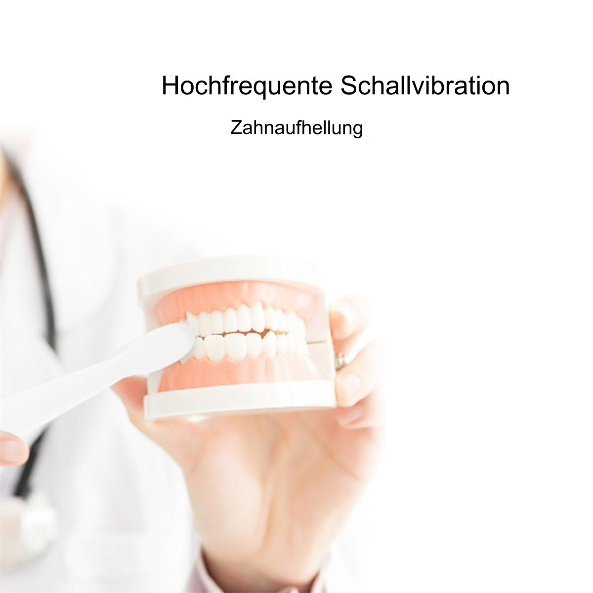 Eine Person hält ein Modell von Zähnen mit einer Zahnbürste. Text: Hochfrequente Schallvibration Zahnaufhellung.