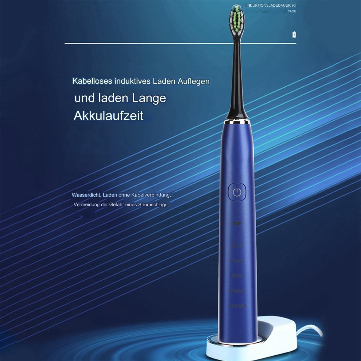 Eine blaue elektrische Zahnbürste auf einer Ladestation. Text auf Deutsch.