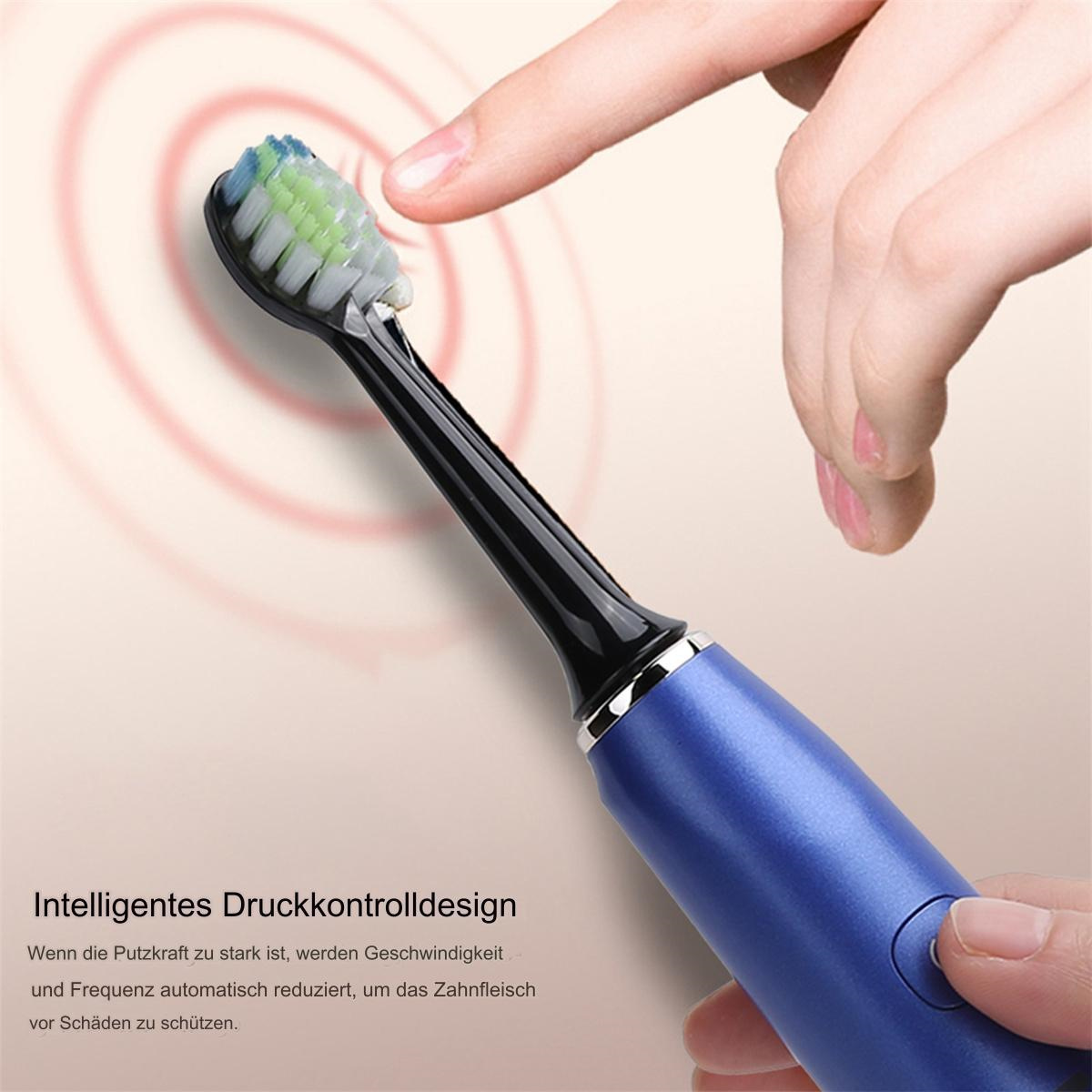 Blaue Zahnbürste mit Bürstenkopf. Ein Finger berührt die Bürste. Text unten auf Deutsch.