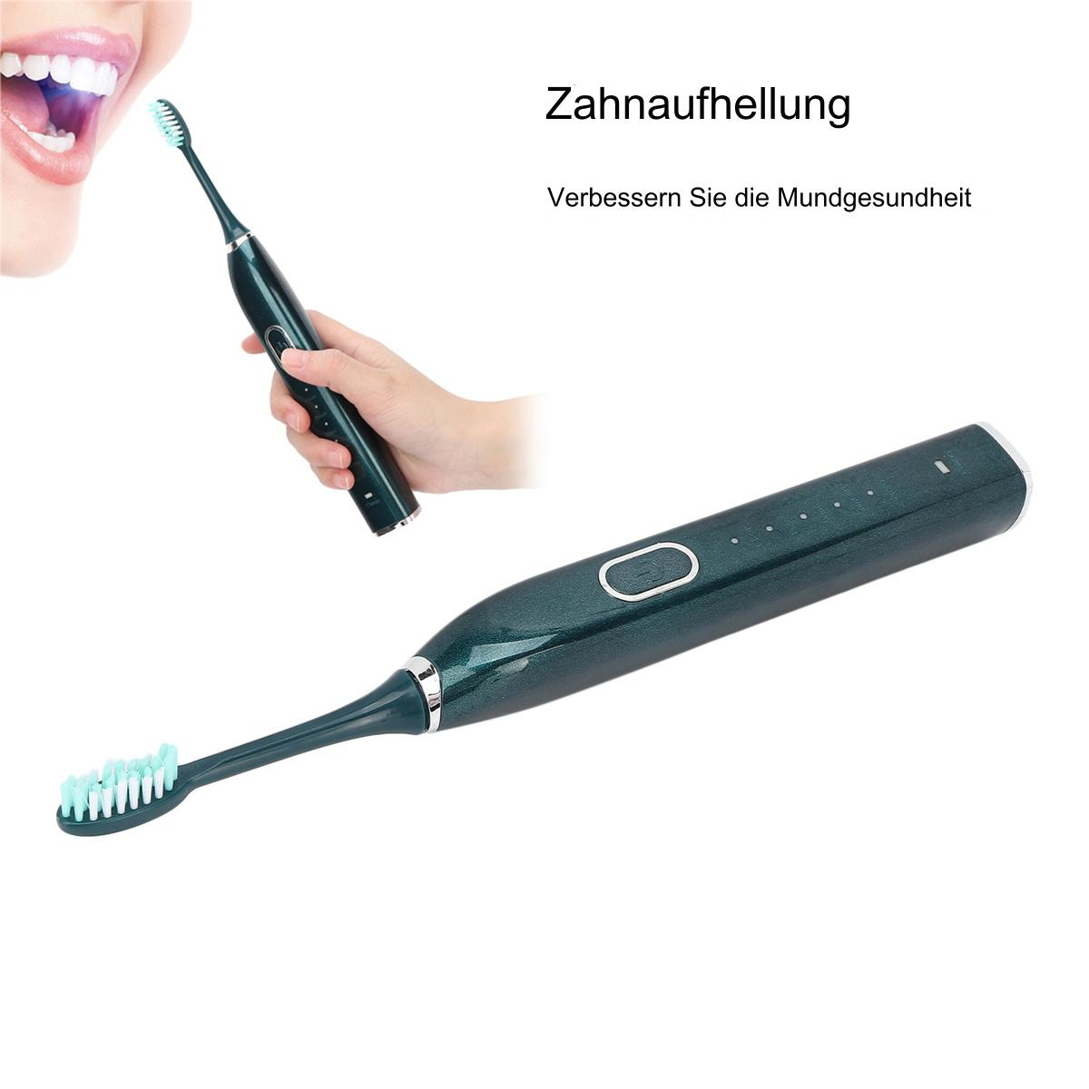 Elektrische Zahnbürste mit zwei Ansichten. Eine im Gebrauch und eine, die die Bürste zeigt. Text: Zahnaufhellung.