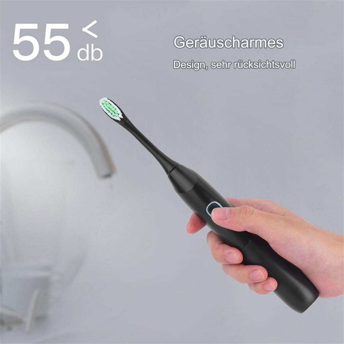 Eine elektrische Zahnbürste in der Hand, mit einem Geräuschpegel von 55 dB. Der Hintergrund ist ein Waschbecken.