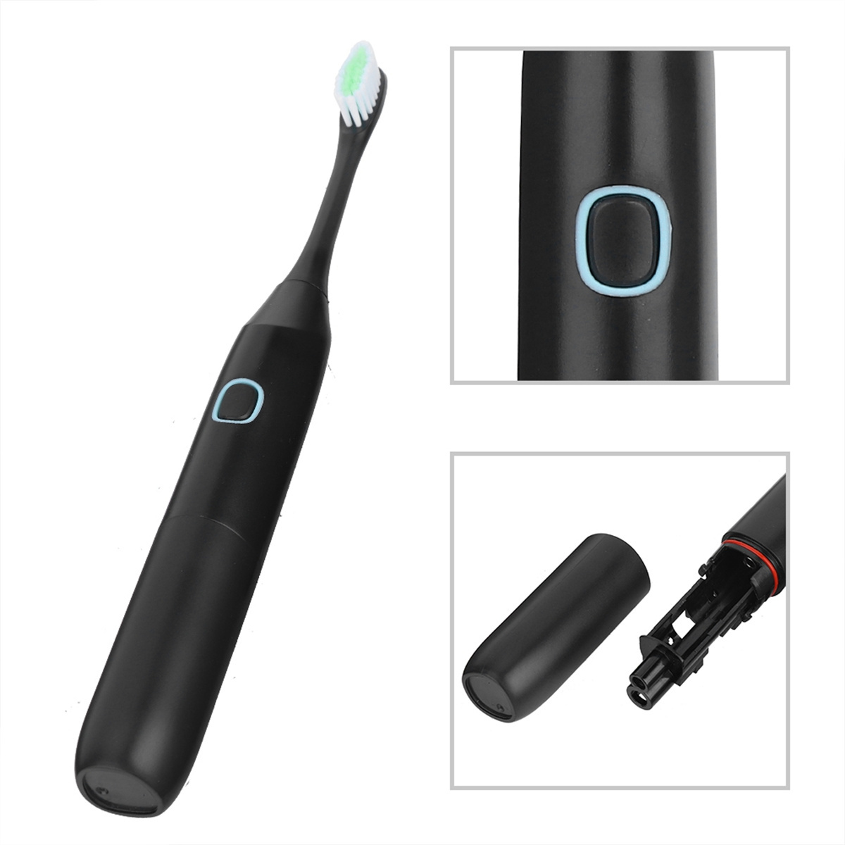 Eine schwarze elektrische Zahnbürste mit Details des Griffs.