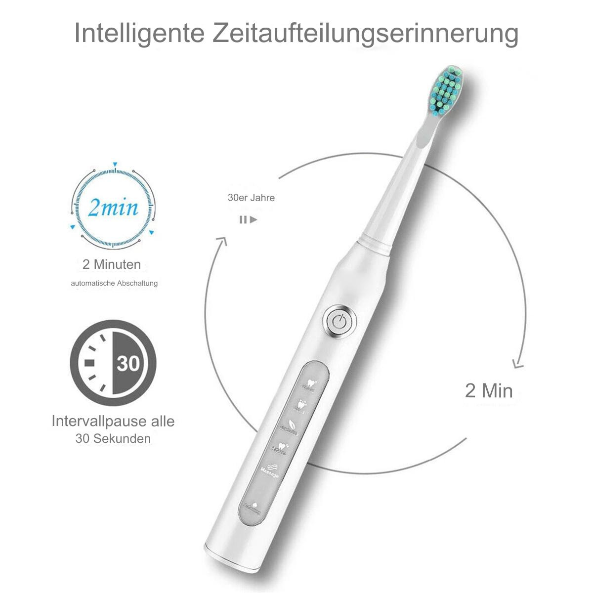 Weiße elektrische Zahnbürste mit Timer-Anzeige und Tastenanzeigen. Blau und Weiß.