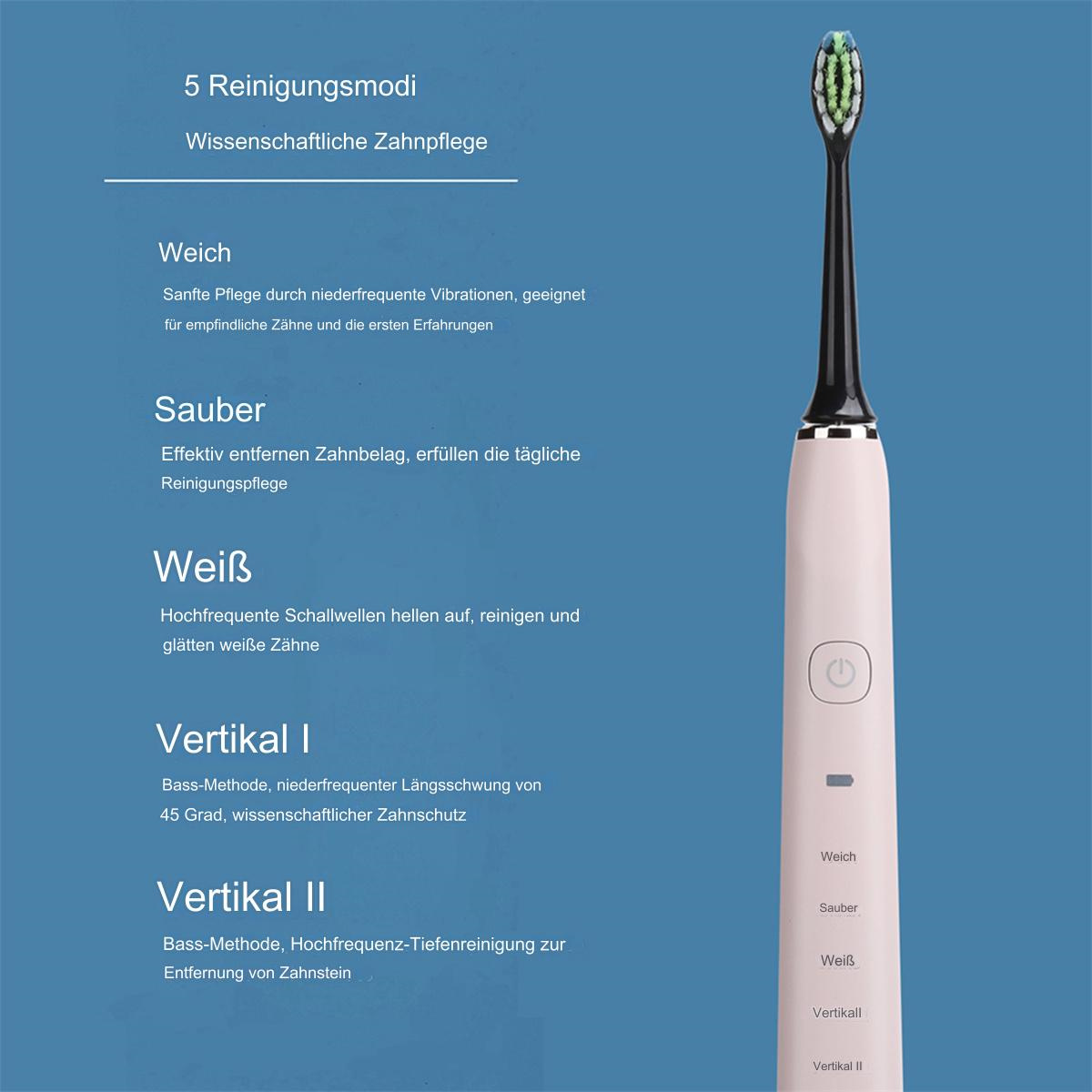 Elektrische Zahnbürste mit Text, der Reinigungsmodi beschreibt, und Diagramm, isoliert auf Weiß.