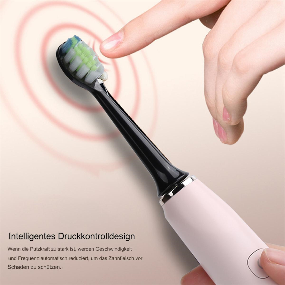 Eine Hand mit einem Finger zeigt auf den Kopf der rosa elektrischen Zahnbürste.