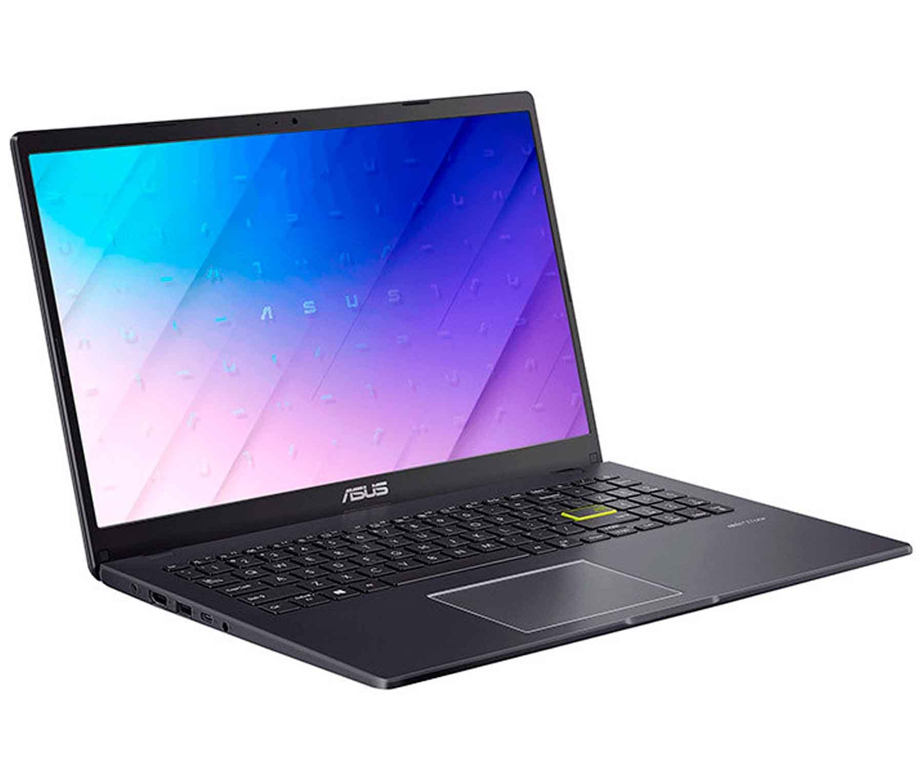 Srebrny i biały laptop HP Pavilion, otwarty na białej powierzchni.