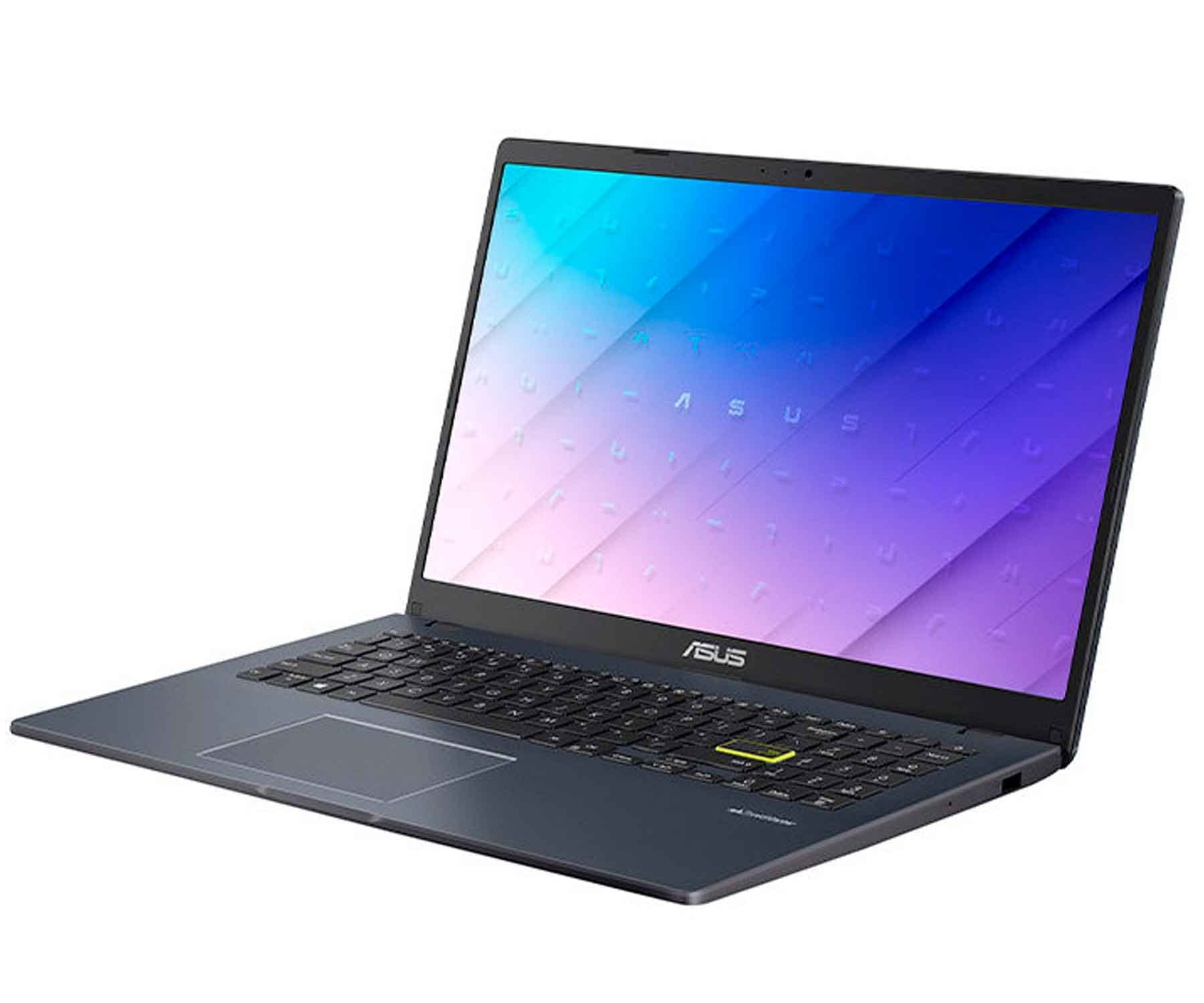 Niebieski laptop z kolorowym ekranem. Widoczne logo ASUS. Klawiatura i gładzik również widoczne.