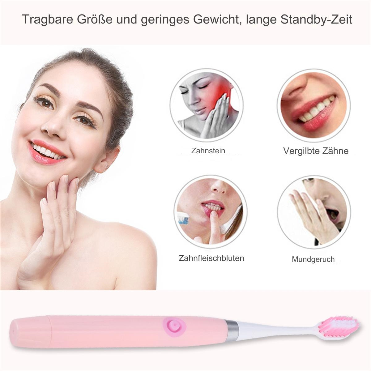 Frau mit rosa Zahnbürste und Icons zu Zahnproblemen. Die Zahnbürste ist im Vordergrund.
