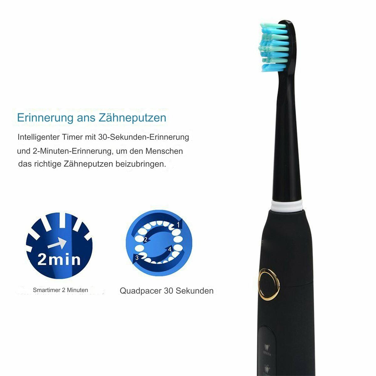 Schwarze elektrische Zahnbürste mit blauem Bürstenkopf und einer Grafik. Weißer Hintergrund.