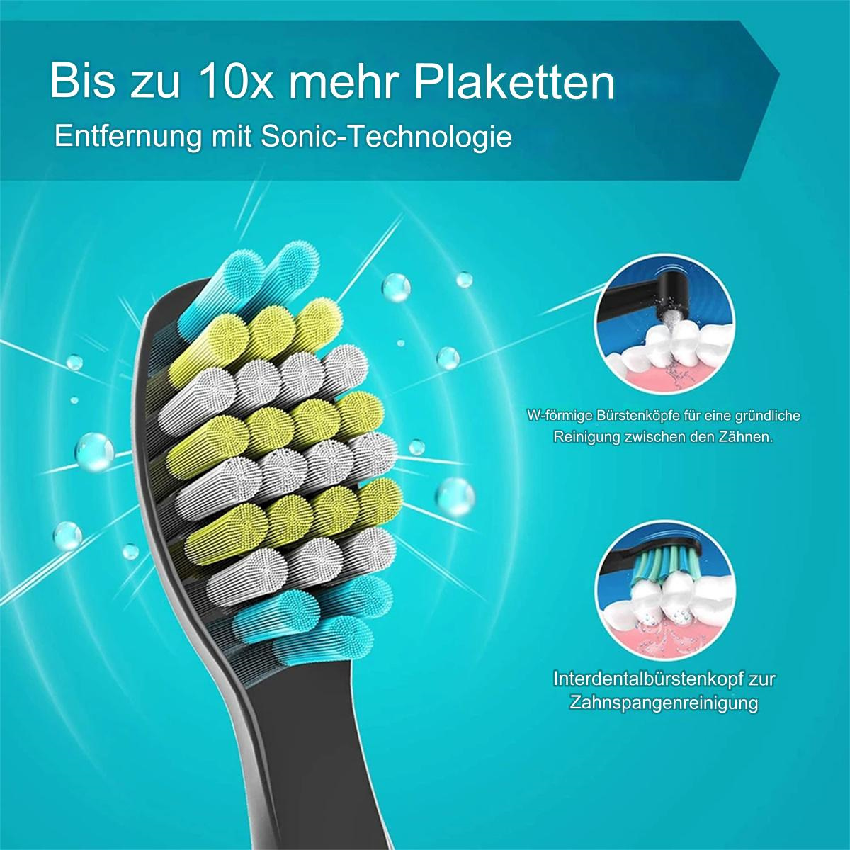 Zahnbürstenkopf mit Borsten, mit Diagrammen und Text zur Plaqueentfernung.