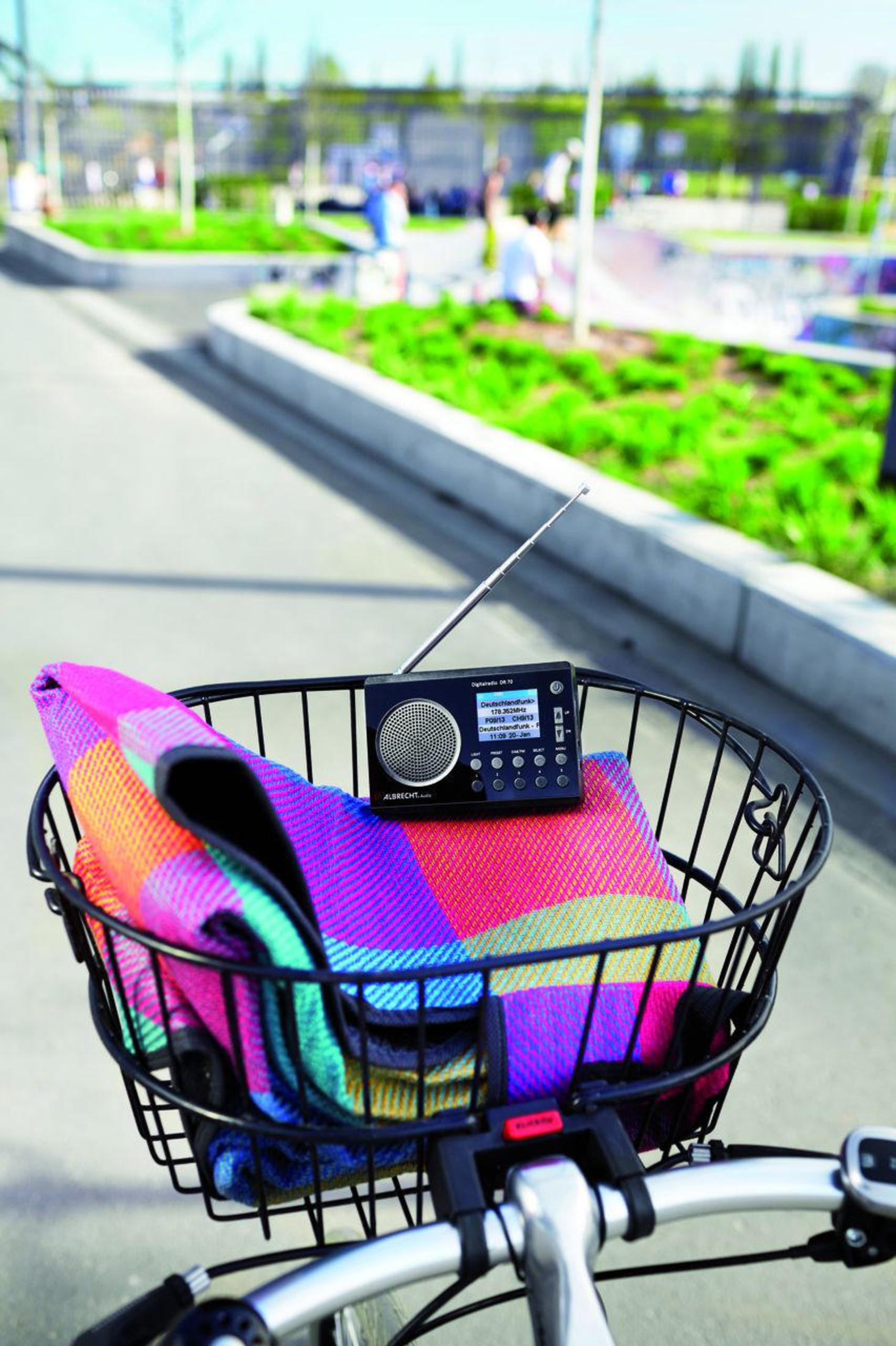 Radio nera in un cestino da bici con una coperta colorata e un parco sullo sfondo.