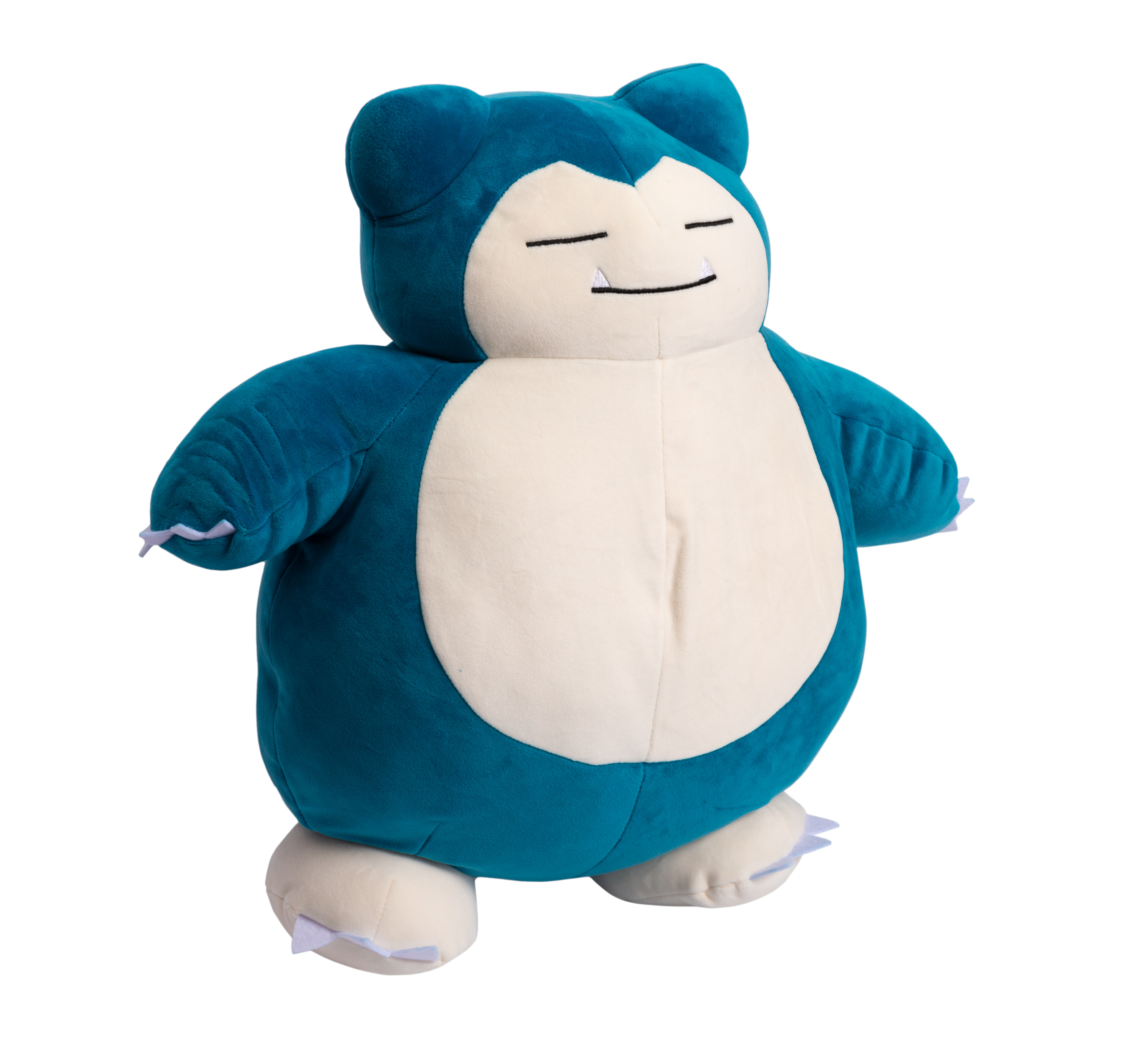 Une peluche Snorlax bleue avec un ventre blanc, sur fond blanc.