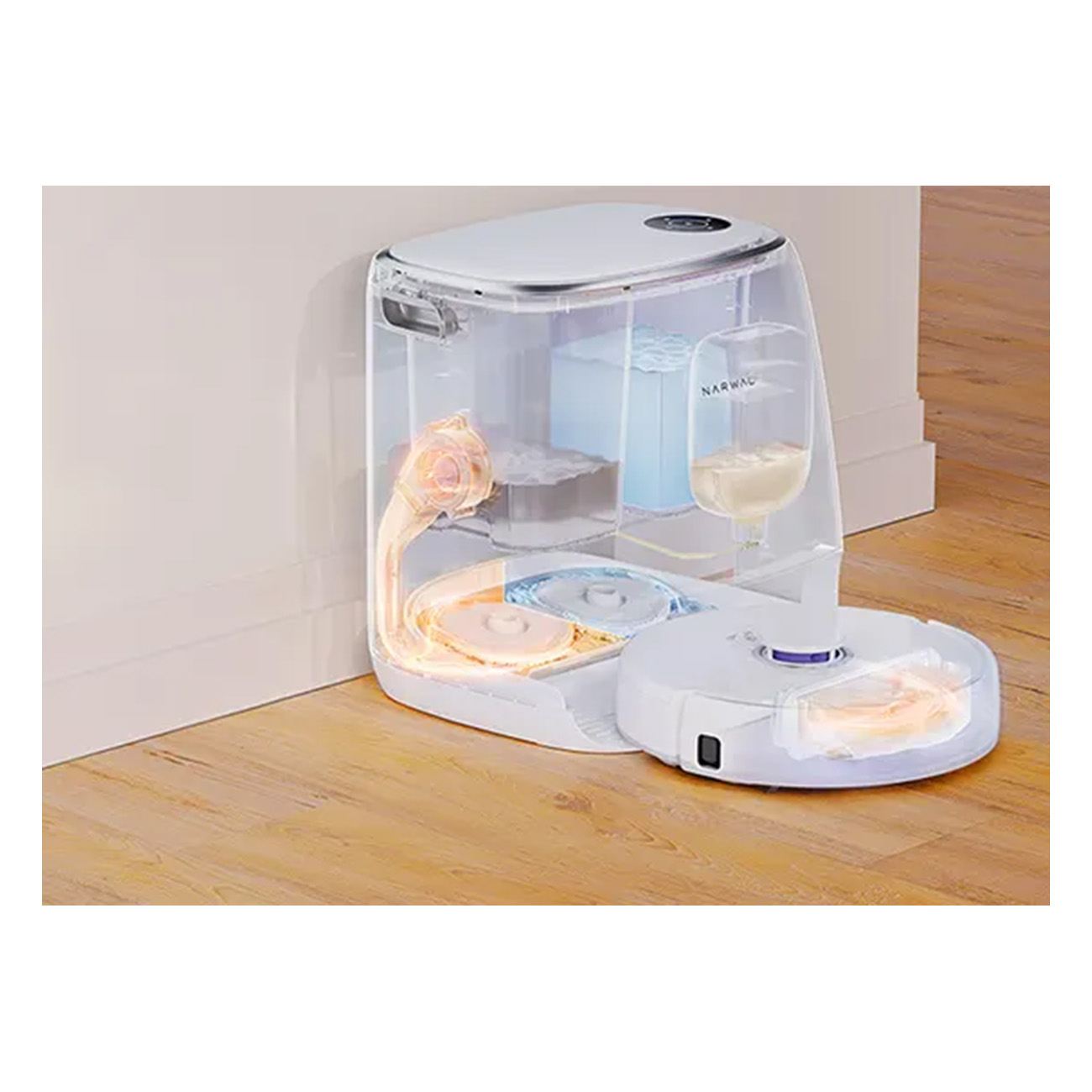 Roboter-Staubsauger mit transparentem Behälter und weißer Basis auf Holzboden.